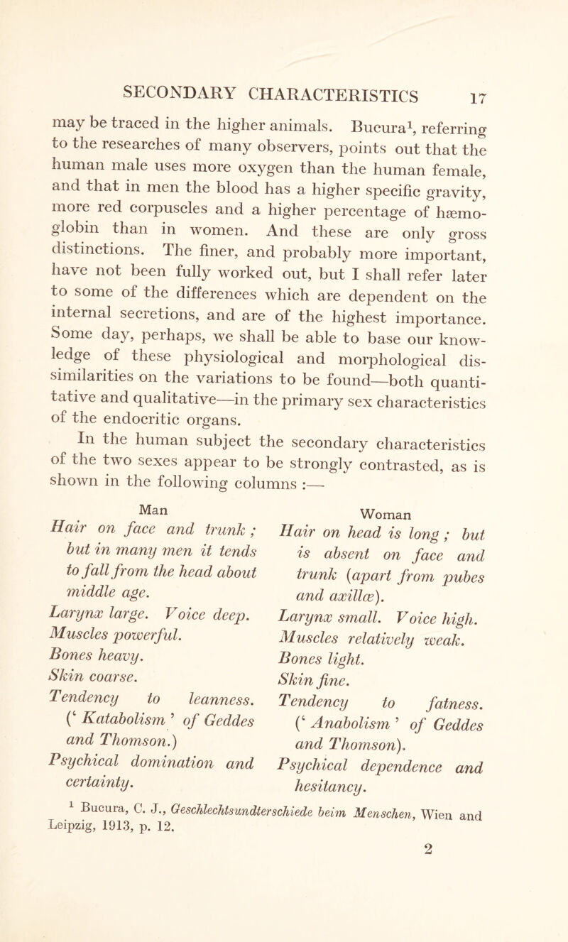 maY be tiaced in the higher animals. Rucurah referring to the researches of many observers, points out that the human male uses more oxygen than the human female, and that in men the blood has a higher specific gravity, more red corpuscles and a higher percentage of hemo¬ globin than in women. And these are only gross distinctions. The finer, and probably more important, have not been fully worked out, but I shall refer later to some of the differences which are dependent on the internal secretions, and are of the highest importance. Some day, perhaps, we shall be able to base our know¬ ledge of these physiological and morphological dis¬ similarities on the variations to be found—both quanti¬ tative and qualitative in the primary sex characteristics of the endocritic organs. In the human subject the secondary characteristics of the two sexes appear to be strongly contrasted, as is shown in the following columns :—• Man Hair on face and trunk ; but in many men it tends to fall from the head about middle age. Larynx large. Voice deep. Muscles powerful. Bones heavy. Skin coarse. Tendency to leanness. 0 Katabolism 5 of Geddes and Thomson.) Psychical domination and certainty. 1 Bucura, C. J., Geschlechtsundterschiede helm Menschen, Wien and Leipzig, 1913, p. 12. Hair on head is long ; but is absent on face and trunk (apart from pubes and axillce). Larynx small. Voice high. Muscles relatively weak. Bones light. Skin fine. Tendency to fatness. 0 Anabolism ’ of Geddes and Thomson), Psychical dependence and hesitancy. 2