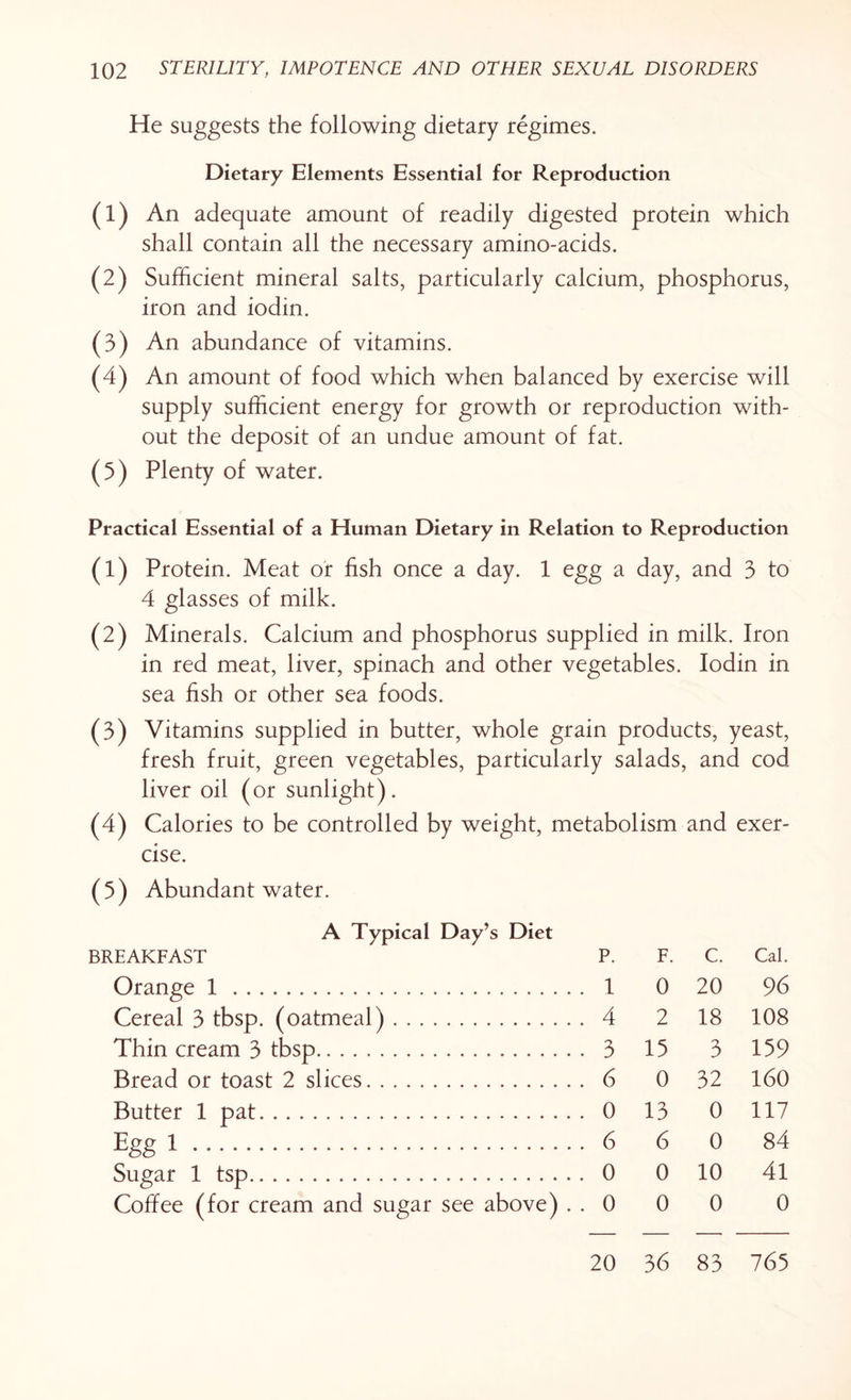 He suggests the following dietary regimes. Dietary Elements Essential for Reproduction (1) An adequate amount of readily digested protein which shall contain all the necessary amino-acids. (2) Sufficient mineral salts, particularly calcium, phosphorus, iron and iodin. (3) An abundance of vitamins. (4) An amount of food which when balanced by exercise will supply sufficient energy for growth or reproduction with¬ out the deposit of an undue amount of fat. (5) Plenty of water. Practical Essential of a Human Dietary in Relation to Reproduction (1) Protein. Meat or fish once a day. 1 egg a day, and 3 to 4 glasses of milk. (2) Minerals. Calcium and phosphorus supplied in milk. Iron in red meat, liver, spinach and other vegetables. Iodin in sea fish or other sea foods. (3) Vitamins supplied in butter, whole grain products, yeast, fresh fruit, green vegetables, particularly salads, and cod liver oil (or sunlight). (4) Calories to be controlled by weight, metabolism and exer¬ cise. (5) Abundant water. A Typical Day’s Diet BREAKFAST P. F. c. Cal. Orange 1 .. . 1 0 20 96 Cereal 3 tbsp. (oatmeal) . . . . . 4 2 18 108 Thin cream 3 tbsp. . 3 15 3 159 Bread or toast 2 slices. . 6 0 32 160 Butter 1 pat.. . 0 13 0 117 Egg 1 . . 6 6 0 84 Sugar 1 tsp... . 0 0 10 41 Coffee (for cream and sugar see above) . . 0 0 0 0 20 36 83 765