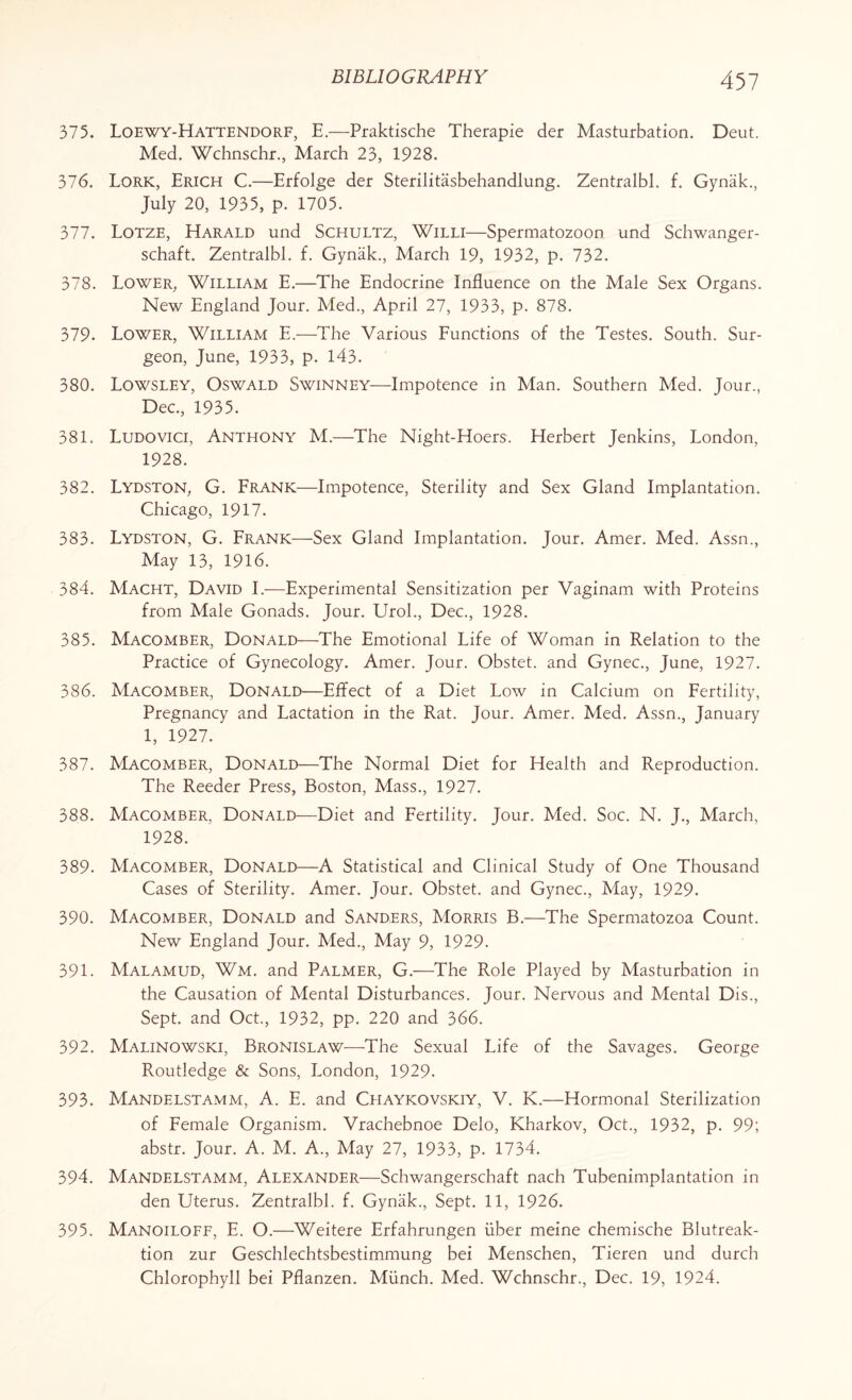 375. Loewy-Hattendorf, E.—Praktische Therapie der Masturbation. Deut. Med. Wchnschr., March 23, 1928. 376. Lork, Erich C.—Erfolge der Sterilitasbehandlung. Zentralbl. f. Gynak., July 20, 1935, p. 1705. 377. Lotze, Harald und Schultz, Willi—Spermatozoon und Schwanger- schaft. Zentralbl. f. Gynak., March 19, 1932, p. 732. 378. Lower, William E.—The Endocrine Influence on the Male Sex Organs. New England Jour. Med., April 27, 1933, p. 878. 379. Lower, William E.—The Various Functions of the Testes. South. Sur¬ geon, June, 1933, p. 143. 380. Lowsley, Oswald Swinney—Impotence in Man. Southern Med. Tour., Dec., 1935. 381. Ludovici, Anthony M.—The Night-Hoers. Herbert Jenkins, London, 1928. 382. Lydston, G. Frank—Impotence, Sterility and Sex Gland Implantation. Chicago, 1917. 383. Lydston, G. Frank—Sex Gland Implantation. Jour. Amer. Med. Assn., May 13, 1916. 384. Macht, David I.-—Experimental Sensitization per Vaginam with Proteins from Male Gonads. Jour. Urol., Dec., 1928. 385. Macomber, Donald—The Emotional Life of Woman in Relation to the Practice of Gynecology. Amer. Jour. Obstet. and Gynec., June, 1927. 386. Macomber, Donald—Effect of a Diet Low in Calcium on Fertility, Pregnancy and Lactation in the Rat. Jour. Amer. Med. Assn., January 1, 1927. 387. Macomber, Donald—The Normal Diet for Health and Reproduction. The Reeder Press, Boston, Mass., 1927. 388. Macomber, Donald—Diet and Fertility. Jour. Med. Soc. N. J., March, 1928. 389. Macomber, Donald—-A Statistical and Clinical Study of One Thousand Cases of Sterility. Amer. Jour. Obstet. and Gynec., May, 1929. 390. Macomber, Donald and Sanders, Morris B.—The Spermatozoa Count. New England Jour. Med., May 9, 1929. 391. Malamud, Wm. and Palmer, G.—The Role Played by Masturbation in the Causation of Mental Disturbances. Jour. Nervous and Mental Dis., Sept, and Oct., 1932, pp. 220 and 366. 392. Malinowski, Bronislaw—The Sexual Life of the Savages. George Routledge & Sons, London, 1929. 393. Mandelstamm, A. E. and Chaykovskiy, V. K.—Hormonal Sterilization of Female Organism. Vrachebnoe Delo, Kharkov, Oct., 1932, p. 99; abstr. Jour. A. M. A., May 27, 1933, p. 1734. 394. Mandelstamm, Alexander—Schwangerschaft nach Tubenimplantation in den Uterus. Zentralbl. f. Gynak., Sept. 11, 1926. 395. Manoiloff, E. O.—Weitere Erfahrungen fiber meine chemische Blutreak- tion zur Geschlechtsbestimmung bei Menschen, Tieren und durch Chlorophyll bei Pflanzen. Munch. Med. Wchnschr., Dec. 19, 1924.