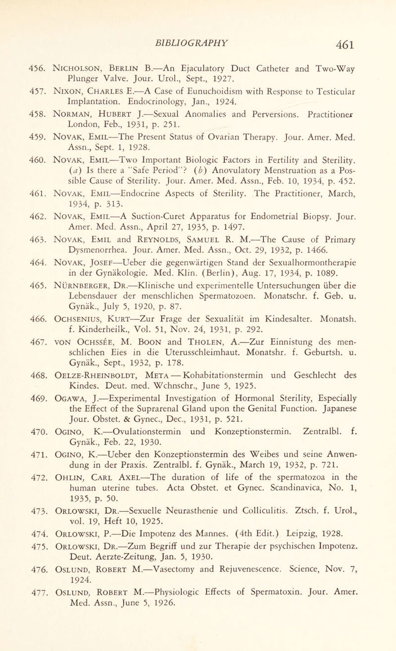 456. Nicholson, Berlin B.—An Ejaculatory Duct Catheter and Two-Way Plunger Valve. Jour. Urol., Sept., 1927. 457. Nixon, Charles E.—A Case of Eunuchoidism with Response to Testicular Implantation. Endocrinology, Jan., 1924. 458. Norman, Hubert J.—Sexual Anomalies and Perversions. Practitioner London, Feb., 1931, p. 251. 459. Novak, Emil—The Present Status of Ovarian Therapy. Jour. Amer. Med. Assn., Sept. 1, 1928. 460. Novak, Emil—Two Important Biologic Factors in Fertility and Sterility. (a) Is there a Safe Period’’? (b) Anovulatory Menstruation as a Pos¬ sible Cause of Sterility. Jour. Amer. Med. Assn., Feb. 10, 1934, p. 452. 461. Novak, Emil—Endocrine Aspects of Sterility. The Practitioner, March, 1934, p. 313. 462. Novak, Emil—A Suction-Curet Apparatus for Endometrial Biopsy. Jour. Amer. Med. Assn., April 27, 1935, p. 1497. 463. Novak, Emil and Reynolds, Samuel R. M.—The Cause of Primary Dysmenorrhea. Jour. Amer. Med. Assn., Oct. 29, 1932, p. 1466. 464. Novak, Josef—Ueber die gegenwartigen Stand der Sexualhormontherapie in der Gynakologie. Med. Klin. (Berlin), Aug. 17, 1934, p. 1089. 465. Nurnberger, Dr.—Klinische und experimented Untersuchungen fiber die Lebensdauer der menschlichen Spermatozoen. Monatschr. f. Geb. u. Gynak., July 5, 1920, p. 87. 466. Ochsenius, Kurt—Zur Frage der Sexualitat im Kindesalter. Monatsh. f. Kinderheilk., Vol. 51, Nov. 24, 1931, p. 292. 467. von Ochssee, M. Boon and Tholen, A.—Zur Einnistung des men¬ schlichen Eies in die Uterusschleimhaut. Monatshr. f. Geburtsh. u. Gynak., Sept., 1932, p. 178. 468. Oelze-Rheinboldt, Meta — Kohabitationstermin und Geschlecht des Kindes. Deut. med. Wchnschr., June 5, 1925. 469. Ogawa, J.—Experimental Investigation of Hormonal Sterility, Especially the Effect of the Suprarenal Gland upon the Genital Function. Japanese Jour. Obstet. & Gynec., Dec., 1931, p. 521. 470. Ogino, K.—Ovulationstermin und Konzeptionstermin. Zentralbl. f. Gynak., Feb. 22, 1930. 471. Ogino, K.—Ueber den Konzeptionstermin des Weibes und seine Anwen- dung in der Praxis. Zentralbl. f. Gynak., March 19, 1932, p. 721. 472. Ohlin, Carl Axel—The duration of life of the spermatozoa in the human uterine tubes. Acta Obstet. et Gynec. Scandinavica, No. 1, 1935, p. 50. 473. Orlowski, Dr.—Sexuelle Neurasthenie und Colliculitis. Ztsch. f. Urol., vol. 19, Heft 10, 1925. 474. Orlowski, P.—Die Impotenz des Mannes. (4th Edit.) Leipzig, 1928. 475. Orlowski, Dr.—Zum Begriff und zur Therapie der psychischen Impotenz. Deut. Aerzte-Zeitung, Jan. 5, 1930. 476. Oslund, Robert M.—Vasectomy and Rejuvenescence. Science, Nov. 7, 1924. 477. Oslund, Robert M.—Physiologic Effects of Spermatoxin. Jour. Amer. Med. Assn., June 5, 1926.