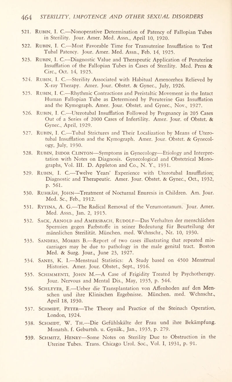 521. Rubin, I. C.—Nonoperative Determination of Patency of Fallopian Tubes in Sterility. Jour. Amer. Med. Assn., April 10, 1920. 522. Rubin, I. C.-—Most Favorable Time for Transuterine Insufflation to Test Tubal Patency. Jour. Amer. Med. Assn., Feb. 14, 1925. 523. Rubin, I. C.—Diagnostic Value and Therapeutic Application of Peruterine Insufflation of the Fallopian Tubes in Cases of Sterility. Med. Press & Circ., Oct. 14, 1925. 524. Rubin, I. C.—Sterility Associated with Habitual Amenorrhea Relieved by X-ray Therapy. Amer. Jour. Obstet. & Gynec., July, 1926. 525. Rubin, I. C.—Rhythmic Contractions and Peristaltic Movement in the Intact Human Fallopian Tube as Determined by Peruterine Gas Insufflation and the Kymograph. Amer. Jour. Obstet. and Gynec., Nov., 1927. 526. Rubin, I. C.—Uterotubal Insufflation Followed by Pregnancy in 205 Cases Out of a Series of 2000 Cases of Infertility. Amer. Jour, of Obstet. & Gynec., April, 1929. 527. Rubin, I. C.—Tubal Strictures and Their Localization by Means of Utero¬ tubal Insufflation and the Kymograph. Amer. Jour. Obstet. & Gynecol¬ ogy, July, 1930. 528. Rubin, Isidor Clinton—Symptoms in Gynecology—Etiology and Interpre¬ tation with Notes on Diagnosis. Gynecological and Obstetrical Mono¬ graphs, Vol. III. D. Appleton and Co., N. Y., 1931. 529. Rubin, I. C.—Twelve Years’ Experience with Uterotubal Insufflation; Diagnostic and Therapeutic. Amer. Jour. Obstet. & Gynec., Oct., 1932, p. 561. 530. Ruhrah, John—Treatment of Nocturnal Enuresis in Children. Am. Jour. Med. Sc., Feb., 1912. 531. Rytina, A. G.-—The Radical Removal of the Verumontanum. Jour. Amer. Med. Assn., Jan. 2, 1915. 532. Sack, Arnold and Amersbach, Rudolf—Das Verhalten der menschlichen Spermien gegen Farbstoffe in seiner Bedeutung fur Beurteilung der mannlichen Sterilitat. Miinchen. med. Wchnsohr., Nr. 10, 1930. 533. Sanders, Morris B.—Report of two cases illustrating that repeated mis¬ carriages may be due to pathology in the male genital tract. Boston Med. & Surg. Jour., June 23, 1927. 534. Sanes, K. I.—Menstrual Statistics: A Study based on 4500 Menstrual Histories. Amer. Jour. Obstet., Sept., 1916. 535. Schimmenti, John M.—A Case of Frigidity Treated by Psychotherapy. Jour. Nervous and Mental Dis., May, 1935, p. 544. 536. Schleyer, E.—Ueber die Transplantation von Affenhoden auf den Men- schen und ihre Klinischen Ergebnisse. Miinchen. med. Wchnschr., April 18, 1930. 537. Schmidt, Peter—The Theory and Practice of the Steinach Operation, London, 1924. 538. Schmidt, W. Th.—Die Gefiihlskalte der Frau und ihre Bekampfung. Monatsh. f. Geburtsh. u. Gynak., Jan., 1935, p. 279. 539. Schmitz, Henry—Some Notes on Sterility Due to Obstruction in the Uterine Tubes. Trans. Chicago Urol. Soc., Vol. I, 1931, p. 91.
