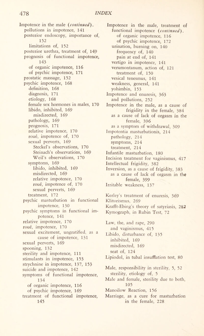 Impotence in the male (continued). pollutions in impotence, l4l posterior endoscopy, importance of, 152 limitations of, 152 posterior urethra, treatment of, 149 prognosis of functional impotence, 143 of organic impotence, 116 of psychic impotence, 171 prostatic massage, 152 psychic impotence, 168 definition, 168 diagnosis, 171 etiology, 168 female sex hormones in males, 170 libido, inhibited, 169 misdirected, 169 pathology, 169 prognosis, 171 relative impotence, 170 roue, impotence of, 170 sexual perverts, 169 Steckel’s observations, 170 Steinach’s observations, 169 Weil’s observations, 170 symptoms, 169 libido, inhibited, 169 misdirected, 169 relative impotence, 170 roue, impotence of, 170 sexual perverts, 169 treatment, 172 psychic masturbation in functional impotence, 130 psychic symptoms in functional im¬ potence, 141 relative impotence, 170 roue, impotence, 170 sexual excitement, ungratified, as a cause of impotence, 131 sexual perverts, 169 spooning, 132 sterility and impotence, 111 stimulants in impotence, 153 strychnine in impotence, 137, 153 suicide and impotence, 142 symptoms of functional impotence, 134 of organic impotence, 116 of psychic impotence, 169 treatment of functional impotence, 145 Impotence in the male, treatment of functional impotence (continued). of organic impotence, 116 of psychic impotence, 172 urination, burning on, 140 frequency of, 140 pain at end of, 141 vertigo in impotence, 141 verumontanum, action of, 121 treatment of, 150 vesical tenesmus, 141 weakness, general, 141 yohimbin, 153 Impotence and enuresis, 363 and pollutions, 252 Impotence in the male, as a cause of frigidity in the female, 384 as a cause of lack of orgasm in the female, 396 as a symptom of withdrawal, 309 Impotentia masturbationis, 214 pathology, 214 symptoms, 214 treatment, 214 Infantile masturbation, 180 Incision treatment for vaginismus, 417 Intellectual frigidity, 382 Inversion, as a cause of frigidity, 383 as a cause of lack of orgasm in the female, 399 Irritable weakness, 137 Kerley’s treatment of enuresis, 369 Klitorismus, 269 Krafft-Ebing’s theory of satyriasis, 282 Kymograph, in Rubin Test, 72 Law, the, and rape, 290 and vaginismus, 415 Libido, disturbance of, 135 inhibited, 169 misdirected, 169 seat of, 124 Lipiodol, in tubal insufflation test, 80 Male, responsibility in sterility, 5, 52 sterility, etiology of, 5 Male and female, sterility due to both, 105 Manoilow Reaction, 156 Marriage, as a cure for masturbation in the female, 228