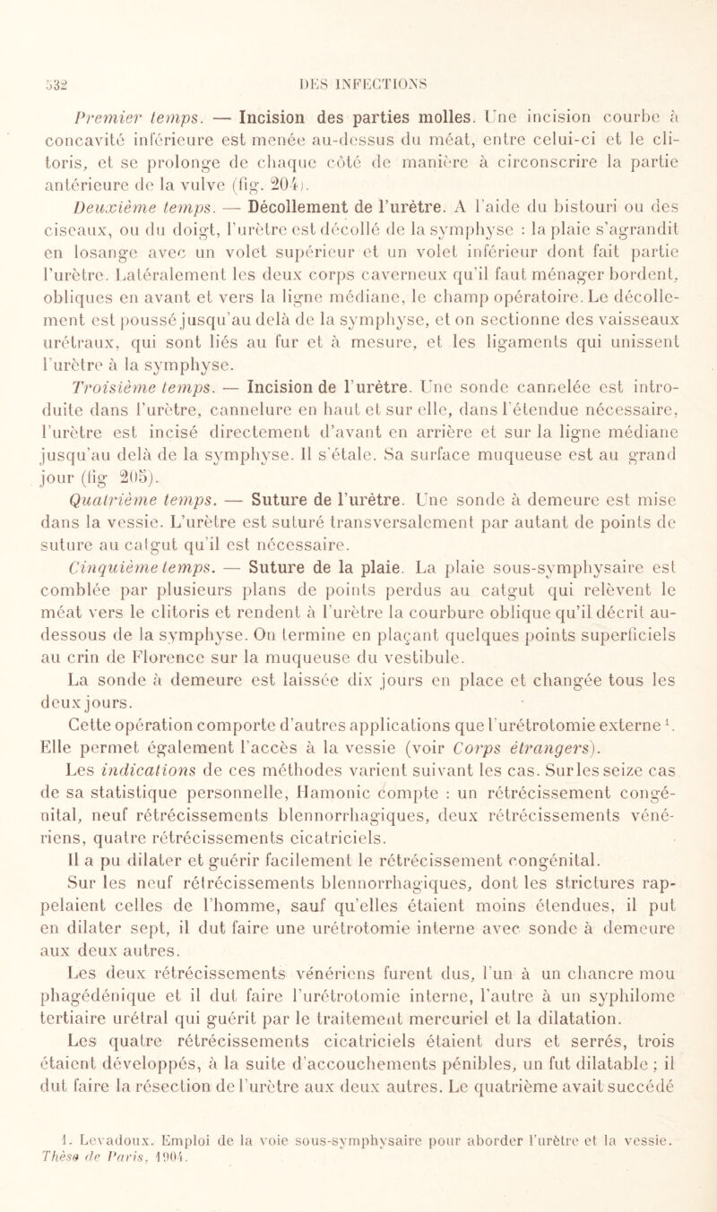 Premier temps. — Incision des parties molles. Une incision courbe à concavité inférieure est menée au-dessus du méat, entre celui-ci et le cli¬ toris, et se prolonge de chaque côté de manière à circonscrire la partie antérieure de la vulve (fig. 204). Deuxième temps. — Décollement de l’urètre. A l'aide du bistouri ou des ciseaux, ou du doigt, l’urètre est décollé de la symphyse : la plaie s’agrandit en losange avec un volet supérieur et un volet inférieur dont fait partie l’urètre. Latéralement les deux corps caverneux qu’il faut ménager bordent, obliques en avant et vers la ligne médiane, le champ opératoire. Le décolle¬ ment est poussé jusqu’au delà de la symphyse, et on sectionne des vaisseaux urétraux, qui sont liés au fur et à mesure, et les ligaments qui unissent l'urètre à la symphyse. Troisième temps. — Incision de l’urètre. Une sonde cannelée est intro¬ duite dans l’urètre, cannelure en haut et sur elle, dans l'étendue nécessaire, l’urètre est incisé directement d’avant en arrière et sur la ligne médiane jusqu’au delà de la symphyse. 11 s'étale. Sa surface muqueuse est au grand jour (fig 205). Quatrième temps. — Suture de l’urètre. Une sonde à demeure est mise dans la vessie. L’urètre est suturé transversalement par autant de points de suture au calgut qu’il est nécessaire. Cinquième temps. — Suture de la plaie. La plaie sous-symphysaire est comblée par plusieurs plans de points perdus au catgut qui relèvent le méat vers le clitoris et rendent à l’urètre la courbure oblique qu’il décrit au- dessous de la symphyse. On termine en plaçant quelques points superficiels au crin de Florence sur la muqueuse du vestibule. La sonde à demeure est laissée dix jours en place et changée tous les deux jours. Cette opération comporte d’autres applications que Lurétrotomie externe L Elle permet également l’accès à la vessie (voir Corps étrangers). Les indications de ces méthodes varient suivant les cas. Sur les seize cas de sa statistique personnelle, Hamonic compte : un rétrécissement congé¬ nital, neuf rétrécissements blennorrhagiques, deux rétrécissements véné¬ riens, quatre rétrécissements cicatriciels. Il a pu dilater et guérir facilement le rétrécissement congénital. Sur les neuf rétrécissements blennorrhagiques, dont les strictures rap¬ pelaient celles de l’homme, sauf quelles étaient moins étendues, il put en dilater sept, il dut faire une urétrotomie interne avec sonde à demeure aux deux autres. Les deux rétrécissements vénériens furent dus, l’un à un chancre mou phagédénique et il dut faire l’urétrotomie interne, l’autre à un syphilome tertiaire urétral qui guérit par le traitement mercuriel et la dilatation. Les quatre rétrécissements cicatriciels étaient durs et serrés, trois étaient développés, à la suite d’accouchements pénibles, un fut dilatable ; il dut faire la résection de l’urètre aux deux autres. Le quatrième avait succédé 4. Levadoux. Emploi de la voie sous-symphysaire pour aborder l’urètre et la vessie. Thèse de Paris, 1904.