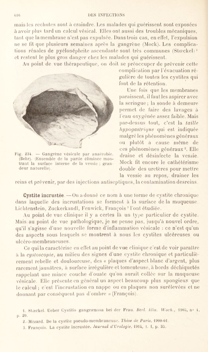 mais les rechutes sont à craindre. Les malades qui guérissent sont exposées à avoir plus tard un calcul vésical. Elles ont aussi des troubles mécaniques, tant que la membrane n’est pas expulsée. Dans trois cas, en effet, l’expulsion ne se lit que plusieurs semaines après la gangrène (Mock). Les complica¬ tions rénales de pyélonéphrite ascendante sont très communes (Stœckel)1 et restent le plus gros danger chez les malades qui guérissent. Au point de vue thérapeutique, on doit se préoccuper de prévenir cette complication par l’évacuation ré¬ gulière de toutes les cystites qui font de la rétention. Une fois que les membranes paraissent, il faut les aspirer avec la seringue ; la sonde à demeure permet de faire des lavages à beau oxygénée assez faible. Mais par-dessus tout, c’est la taille hypogastrique qui est indiquée malgré les phénomènes généraux ou plutôt à cause même de ces phénomènes généraux 2. Elle draine et désinfecte la vessie. Mock fit encore le cathétérisme double des uretères pour mettre la vessie au repos, drainer les reins et prévenir, par des injections antiseptiques, la contamination desreins. Cystite incrustée.—On adonné ce nom à une torme de cystite chronique dans laquelle des incrustations se forment à la surface de la muqueuse. Lichtenstein, Zuckerkandl, Fenwick, François 3 l'ont étudiée. Au point de vue clinique il y a certes là un type particulier de cystite. Mais au point de vue pathologique, je ne pense pas, jusqu’à nouvel ordre, qu’il s’agisse d’une nouvelle forme d’inflammation vésicale : ce n’est qu’un des aspects sous lesquels se montrent à nous les cystites ulcéreuses ou ulcéro-membraneuses. Ce qui la caractérise en effet au point de vue clinique c’est de voir paraître à la cystoscopie, au milieu des signes d’une cystite chronique et particuliè¬ rement rebelle et douloureuse, des « plaques d’aspect blanc d’argent, plus rarement jaunâtres, à surface irrégulière et tomenteuse, à bords déchiquetés rappelant une mince couche d’ouate qu’on aurait collée sur la muqueuse vésicale. Elle présente en général un aspect beaucoup plus spongieux que le calcul ; c’est l’incrustation en nappe ou en plaques non surélevées et ne donnant par conséquent pas d'ombre » (François). 1. Stœckel. Ueber Cystitis gangrænosa bei der Frau. Berl. klin. Woch., 1903, nJ 1, p. 20. 2. Mézard. De la cystite pseudo-membraneuse. Thèse de Paris, 1900-01. 3. François. La cystite incrustée. Journal d'Urologie, 1914, t. t, p. 33. Fig. 234. — Gangrène vésicale par anaérobie. (Behr). (Ensemble de la partie éliminée mon¬ trant la surface interne de la vessie ; gran¬ deur naturelle).