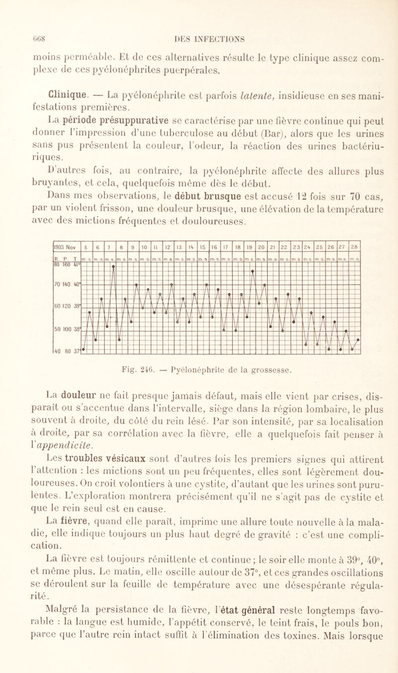 moins perméable. Et de ces alternatives résulte le type clinique assez com¬ plexe de ces pyélonéphrites puerpérales. Clinique. — La pyélonéphrite est parfois latente, insidieuse en ses mani¬ festations premières. La période présuppurative se caractérise par une fièvre continue qui peut donner l’impression d’une tuberculose au début (Bar), alors que les urines sans pus présentent la couleur, l’odeur, la réaction des urines bactériu- riques. D autres fois, au contraire, la pyélonéphrite affecte des allures plus bruyantes, et cela, quelquefois même dès le début. Dans mes observations, le début brusque est accusé 12 fois sur 70 cas, par un violent frisson, une douleur brusque, une élévation de la température avec des mictions fréquentes et douloureuses. 1903 Nov 5 6 7 8 9 10 u 12 13 14 15 IG 17 18 19 20 21 22 23 24 25 26 27 28 R. P T m. s m. s. m. s. m. s. m .s. m.s. m.s. m.s. m.s. m.s. m.s ms m.s m.s. m.s . m.s. m.s. m.s. m.s m.s. m.s. m.s. m.s. m.s. 80 160 41° 70 140 40° 60 120 39” 50 100 38” 40 80 37' T h T r t f A A A A A t i A t 1 K A A t t \ i t 1 \4 / t n n A A , Y A A t A i y \, Kl n J n > A j A A ïï 1 1 y Y \ i \ j ïï \ 1 \ 1 ] 1 \ t il ■— \ \/ Kl y <9 r i J i Kf t ./ V u Y n w Y y l\ A J il , Y 7 TT Y ¥ i r A t 1 J t M i / \ t Li \ i A 1 u 77 \, \ T ï K ü \7 u r Y Y i V Fig. 246. — Pyélonéphrite de la grossesse. La douleur ne fait presque jamais défaut, mais elle vient par crises, dis¬ parait ou s’accentue dans l’intervalle, siège dans la région lombaire, le plus souvent à droite, du côté du rein lésé. Par son intensité, par sa localisation à droite, par sa corrélation avec la fièvre, elle a quelquefois fait penser à l'appendicite. Les troubles vésicaux sont d’autres lois les premiers signes qui attirent l’attention : les mictions sont un peu fréquentes, elles sont légèrement dou¬ loureuses. On croit volontiers à une cystite, d’autant que les urines sont puru¬ lentes. L’exploration montrera précisément qu’il ne s’agit pas de cystite et que le rein seul est en cause. La fièvre, quand elle paraît, imprime une allure toute nouvelle à la mala¬ die, elle indique toujours un plus haut degré de gravité : c’est une compli¬ cation. La fièvre est toujours rémittente et continue ; le soir elle monte à 39°, 40°, et même plus. Le matin, elle oscille autour de 37°, et ces grandes oscillations se déroulent sur la leuille de température avec une désespérante régula¬ rité. Malgré la persistance de la fièvre, l état général reste longtemps favo¬ rable : la langue est humide, l’appétit conservé, le teint frais, le pouls bon, parce que l’autre rein intact suffit à l’élimination des toxines. Mais lorsque