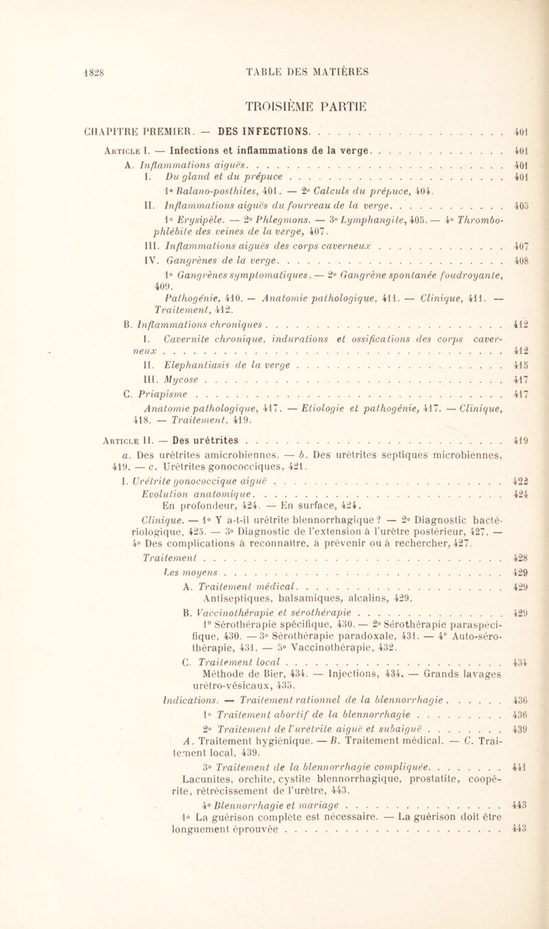 TROISIÈME PARTIE CHAPITRE PREMIER. — DES INFECTIONS.401 Article I. — Infections et inflammations de la verge.401 A. Inflammations aiguës.401 I. Du gland et du prépuce.401 1° Balano-posthites, 401. — 2° Calculs du prépuce, 404. II. inflammations aiguës du fourreau de la verge.405 1° Erysipèle. — 2° Phlegmons. — 3° Lymphangite, 405.— 4° Thrombo¬ phlébite des veines de la verge, 407. III. Inflammations aiguës des corps caverneux.407 IV. Gangrènes de la verge.408 1° Gangrènes symptomatiques. — 2° Gangrène spontanée foudroyante, 400. Pathogénie, 410. — Anatomie pathologique, 411. — Clinique, 411. — Traitement, 412. B. Inflammations chroniques.412 I. Cavernite chronique, indurations et ossifications des corps caver¬ neux .412 II. Elephantiasis de la verge.415 III. Mycose.417 C. Priapisme.417 Anatomie pathologique, 417. —Etiologie et pathogénie, 417. —Clinique, 418. — Traitement, 419. Article II. — Des urétrites.419 a. Des urétrites amicrobiennes. — b. Des urétrites septiques microbiennes, 419. — c. Urétrites gonococciques, 421. I. Urétrite gonococcique aiguë.422 Evolution anatomique.424 En profondeur, 424. — En surface, 424. Clinique. — 1° Y a-t-il urétrite blennorrhagique? — 2° Diagnostic bacté¬ riologique, 425. — 3° Diagnostic de l’extension à l’urètre postérieur, 427. — 4° Des complications à reconnaître, à prévenir ou à rechercher, 427. Traitement.428 Tjes moyens.429 A. Traitement médical.429 Antiseptiques, balsamiques, alcalins, 429. B. Vaccinothérapie et sérothérapie.429 1° Sérothérapie spécifique, 430. — 2° Sérothérapie paraspéci- fique, 430. — 3° Sérothérapie paradoxale, 431. — 4° Auto-séro¬ thérapie, 431. — 5° Vaccinothôrapie, 432. C. Traitement local.434 Méthode de Bier, 434. — Injections, 434. — Grands lavages urétro-vésicaux, 435. Indications. —- Traitement rationnel de la blennorrhagie.436 1° Traitement abortif de la blennorrhagie.436 2° Traitement de Vurétrite aiguë et subaiguë.439 A. Traitement hygiénique. — B. Traitement médical. — C. Trai¬ tement local, 439. 3° Traitement de la blennorrhagie compliquée.441 Lacunites, orchite, cystite blennorrhagique, prostatite, coopé- rite, rétrécissement de l’urètre, 443. 4° Blennorrhagie et mariage.443 1° La guérison complète est nécessaire. — La guérison doit être longuement éprouvée. 443