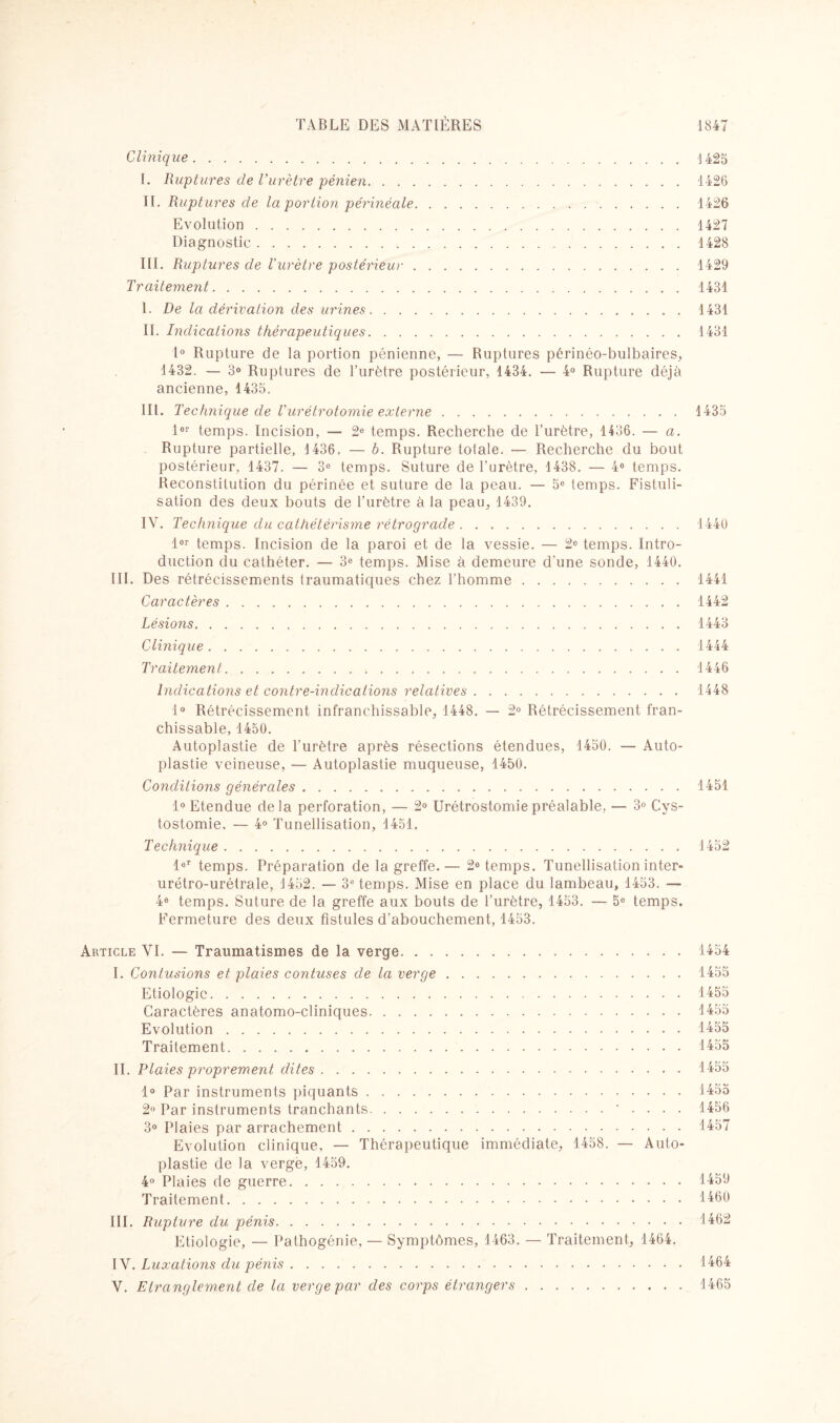 Clinique.^ 425 F. Ruptures de l’urètre pénien.1426 II. Ruptures de la portion périnéale.1426 Evolution.1427 Diagnostic.1428 III. Ruptures de l’urètre postérieur.1429 Traitement.1431 I. De la dérivation des urines.1431 II. Indications thérapeutiques.1431 1° Rupture de la portion pénienne, — Ruptures périnéo-bulbaires, 1432. — 3° Ruptures de l’urètre postérieur, 1434. — 4° Rupture déjà ancienne, 1435. III. Technique de l'urétrotomie externe.1435 lor temps. Incision, — 2e temps. Recherche de l’urètre, 1436. — a. Rupture partielle, J 436. — b. Rupture totale. — Recherche du bout postérieur, 1437. — 3° temps. Suture de l’urètre, 1438. — 4e temps. Reconstitution du périnée et suture de la peau. — 5e temps. Fistuli¬ sation des deux bouts de l’urètre à la peau, 1439. IV. Technique du cathétérisme rétrograde.1440 1er temps. Incision de la paroi et de la vessie. — 2e temps. Intro¬ duction du cathéter. — 3e temps. Mise à demeure d'une sonde, 1440. III. Des rétrécissements traumatiques chez l’homme.1441 Caractères.1442 Lésions.1443 Clinique.1444 Traitement.1446 Indications et contre-indications relatives. 1448 1° Rétrécissement infranchissable, 1448. — 2° Rétrécissement fran¬ chissable, 1450. Autoplastie de l'urètre après résections étendues, 1450. — Auto¬ plastie veineuse, — Autoplastie muqueuse, 1450. Conditions générales.1451 1° Etendue delà perforation, — 2® Urétrostomie préalable, — 3° Cys¬ tostomie, — 4° Tunellisation, 1451. Technique.1452 1er temps. Préparation de la greffe.— 2® temps. Tunellisation inter- urétro-urétrale, 1452. — 3e temps. Mise en place du lambeau, 1453. — 4e temps. Suture de la greffe aux bouts de l’urètre, 1453. — 5e temps. Fermeture des deux fistules d’abouchement, 1453. Article VI. — Traumatismes de la verge.1454 I. Contusions et plaies contuses de la verge.1455 Etiologie.1455 Caractères anatomo-cliniques.1455 Evolution.1455 Traitement.1155 II. Plaies proprement dites.1455 1° Par instruments piquants.1455 2° Par instruments tranchants.• . . . . 1456 3° Plaies par arrachement.1457 Evolution clinique, — Thérapeutique immédiate, 1458. — Auto- plastie de la verge, 1459. 4° Plaies de guerre.1459 Traitement.1460 III. Rupture du pénis.1462 Etiologie, — Pathogénie, — Symptômes, 1463. — Traitement, 1464. IV. Luxations du pénis.1464 V. Etranglement de la verge par des corps étrangers.1465