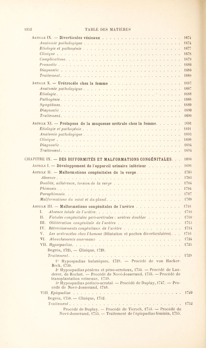 Article IX. — Diverticules vésicaux.1674 Anatomie pathologique.1674 Etiologie et pathoqénie.1677 Clinique.1678 Complications.1679 Pronostic.1680 Diagnostic.1680 Traitement. 1680 Article X. — Urétrocèle chez la femme.1687 Anatomie pathologique.1687 Etiologie.•.1688 Pathogénie. 1688 Symptômes.1689 Diagnostic.1690 Traitement.1690 Article XI. — Prolapsus de la muqueuse urétrale chez la femme. 1691 Etiologie et pathogénie.1691 Anatomie pathologique.1693 Clinique.1698 Diagnostic.1694 Traitement. 1694 CHAPITRE IX. — DES DIFFORMITÉS ET MALFORMATIONS CONGÉNITALES. . . 1696 Article I. — Développement de l'appareil urinaire inférieur.1696 Article II. — Malformations congénitales de la verge.1703 Absence.1703 Dualité, adhérence, torsion de la verge.1704 Phimosis. ..1704 Paraphimosis.1707 Malformations du méat et du gland.1709 Article III. — Malformations congénitales de lurètre.1710 I. Absence totale de l'urètre.1710 II. Fistules congénitales péri-urétraies : urètres doubles.1710 III. Oblitération congénitale de l'urètre.1713 IV. Rétrécissements congénitaux de l'urètre.1714 V. Les urétrocèles chez l'homme (Dilatation et poches diverticulaires). . . 1716 VI. Abouchements anormaux.1724 VII. Hypospadias.1725 Degrés, 1725, — Clinique, 1728. Traitement.1729 1° Hypospadias balaniques, 1729. — Procédé de von Hacker- Beck, 1730. 2° Hypospadias péniens et péno-scrotaux, 1734. — Procédé de Lan- derer, de Rochet. — Procédé de Nové-Josserand, 1735. — Procédé de transplantation veineuse, 1739. 3° Hypospadias périnéo-scrotal. — Procédé de Duplay, 1747. — Pro¬ cédé de Nové-Josserand, 1748. VIII. Epispadias.1749 Degrés, 1750.— Clinique, 1752. Traitement...1752 Procédé de Duplay. — Procédé de Tiersch, 1753. — Procédé de Nové-Josserand, 1755. — Traitement de l’épispadias féminin, 1755.