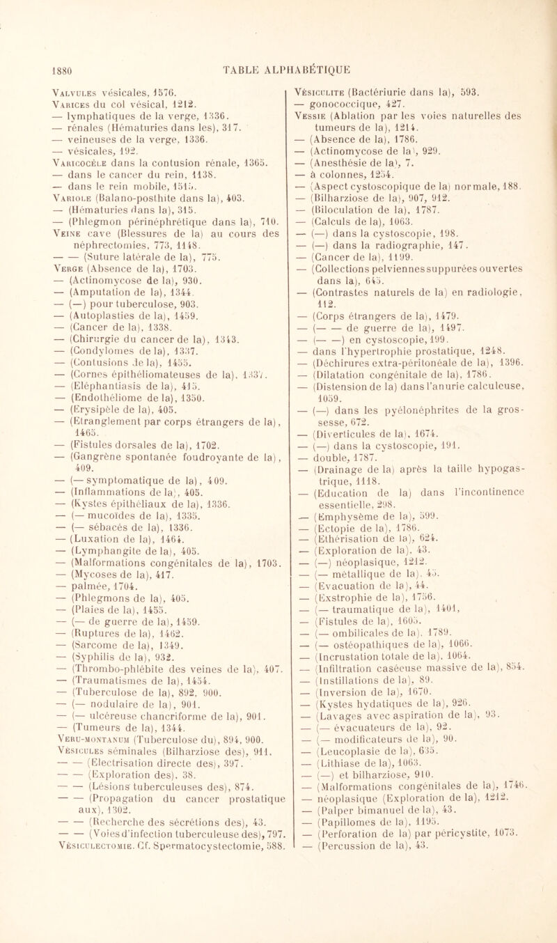 Valvules vésicales, 1576. Varices du col vésical, 1212. — lymphatiques de la verge, 1536. — rénales (Hématuries dans les), 317. — veineuses de la verge, 1336. — vésicales, 192. Varicocèle dans la contusion rénale, 1365. — dans le cancer du rein, 1138. — dans le rein mobile, 1515. Variole (Balano-posthite dans la), 103. — (Hématuries dans la), 315. — (Phlegmon périnéphrétique dans la), 710. Veine cave (Blessures de la) au cours des néphrectomies, 773, 1148. --(Suture latérale de la), 775. Verge (Absence de la), 1703. — (Actinomycose de la), 930. — (Amputation de la), 1344. — (—) pour tuberculose, 903. — (Autoplasties delà), 1459. — (Cancer de la), 1338. — (Chirurgie du cancer de la), 1343. — (Condylomes delà), 1337. — (Contusions de la), 1455. — (Cornes épithéliomateuses de la), 1537. — (Eléphantiasis delà), 415. — (Endothéliome de la), 1350. — (Erysipèle de la), 405. — (Etranglement par corps étrangers de la), 1465. — (Fistules dorsales de la), 1702. — (Gangrène spontanée foudroyante de la), 409. — (—symptomatique de la), 4 09. — (Inflammations delà), 405. — (Kystes épithéliaux de la), 1336. — (—mucoïdes de la), 1335. — (— sébacés de la), 1336. — (Luxation de la), 1464. — (Lymphangite delà), 405. — (Malformations congénitales de la), 1703. — (Mycoses de la), 417. — palmée, 1704. — (Phlegmons de la), 405. — (Plaies de la), 1455. — (— de guerre de la), 1459. — (Ruptures delà), 1462. — (Sarcome delà), 1349. — (Syphilis de la), 932. — (Tbrombo-phlébite des veines de la), 407. — (Traumatismes de la), 1454. — (Tuberculose de la), 892, 900. — (— nodulaire de la), 901. — (— ulcéreuse chancriforme de la), 901. — (Tumeurs de la), 1344. Veru-montanum (Tuberculose du), 894, 900. Vésicules séminales (Bilharziose des), 911. -(Electrisation directe des), 397. -(Exploration des), 38. -(Lésions tuberculeuses des), 874. -(Propagation du cancer prostatique aux), 1302. -(Recherche des sécrétions des), 43. -(Voiesd’infection tuberculeuse des), 797. Vésiculectomie. Cf. Spermatocystectomie, 588. Vésiculite (Bactériurie dans la), 593. — gonococcique, 427. Vessie (Ablation par les voies naturelles des tumeurs de la), 1214. — (Absence de la), 1786. — (Actinomycose de la^, 929. — (Anesthésie de la), 7. — à colonnes, 1254. — (Aspect cystoscopique delà) normale, 188. — (Bilharziose de la), 907, 912. — (Biloculation de la), 1787. — (Calculs de la), 1063. — (—) dans la cystoscopie, 198. — (—) dans la radiographie, 147. — (Cancer de la), 1199. — (Collections pelviennessuppurées ouvertes dans la), 645. — (Contrastes naturels de la) en radiologie, 112. — (Corps étrangers de la), 1479. — (-de guerre de la), 1497. — (-) en cystoscopie, 199. — dans l'hypertrophie prostatique, 1248. — (Déchirures extra-péritonéale de la), 1396. — (Dilatation congénitale de la), 1786. — (Distension de la) dans l’anurie calculeuse, 1059. — (—) dans les pyélonéphrites de la gros¬ sesse, 672. — (Diverticules de la), 1674. — (—) dans la cystoscopie, 191. — double, 1787. — (Drainage de la) après la taille hypogas¬ trique, 1118. — (Education de la) dans l’incontinence essentielle, 298. — (Emphysème de la), 599. — (Ectopie de la), 1786. — (Ethérisation de la), 624. — (Exploration de la). 43. — (—) néoplasique, 1212. — (— métallique de la), 45. — (Evacuation de lu), 44. — (Exstrophie de la), 1756. — (— traumatique de la), 1401, — (Fistules de la), 1605. — (— ombilicales de la), 1789. — (— ostéopathiques de la), 1066. — (Incrustation totale de la), 1064. — (Infiltration caséeuse massive de la), 854. — (Instillations delà), 89. — (Inversion de la), 1670. — (Kystes hydatiques de la), 926. — (Lavages avec aspiration de la), 93. — (— évacuateurs de la), 92. — (— modificateurs de la), 90. — (Leucoplasie de la), 635. — (Lithiase de la), 1063. — (—) et bilharziose, 910. — (Malformations congénitales de la), 1746. — néoplasique (Exploration de la), 1212. — (Palper bimanuel de la), 43. — (Papillomes de la), 1195. — (Perforation de la) par péricystite, 1073. — (Percussion de la), 43.