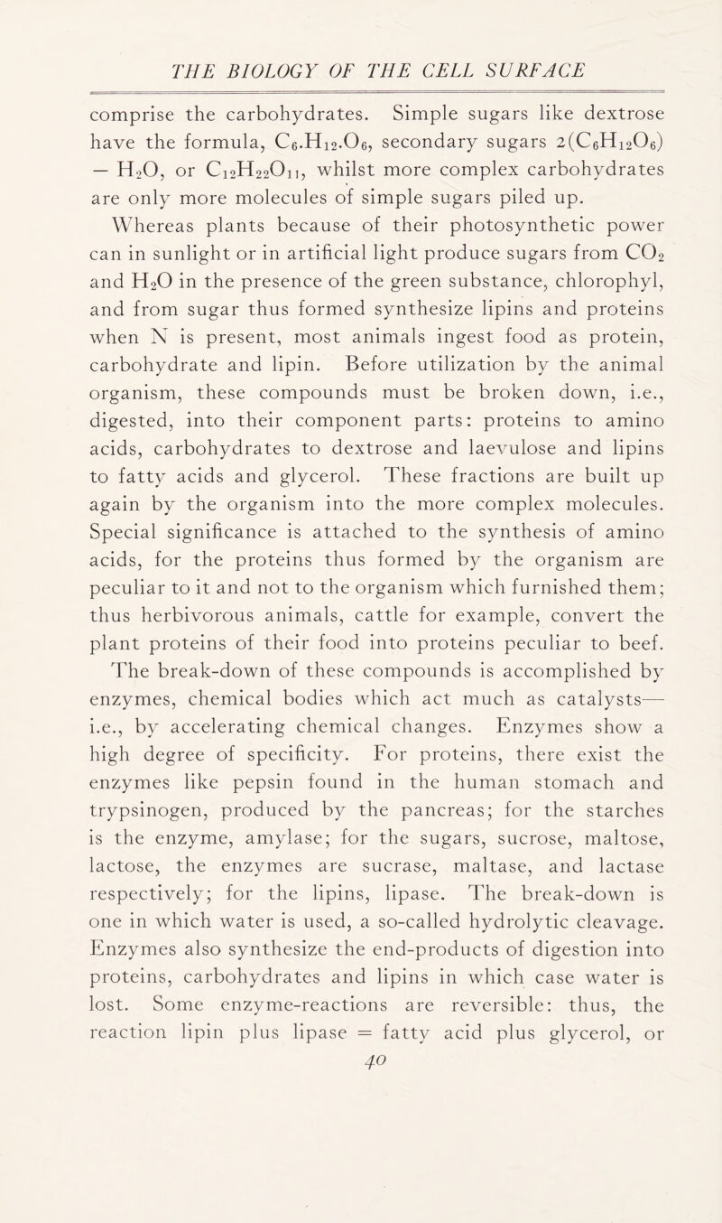 comprise the carbohydrates. Simple sugars like dextrose have the formula, C6.H12.O6, secondary sugars 2(C6Hi206) — H20, or C12H22O11, whilst more complex carbohydrates are only more molecules of simple sugars piled up. Whereas plants because of their photosynthetic power can in sunlight or in artificial light produce sugars from C02 and H20 in the presence of the green substance, chlorophyl, and from sugar thus formed synthesize lipins and proteins when N is present, most animals ingest food as protein, carbohydrate and lipin. Before utilization by the animal organism, these compounds must be broken down, i.e., digested, into their component parts: proteins to amino acids, carbohydrates to dextrose and laevulose and lipins to fatty acids and glycerol. These fractions are built up again by the organism into the more complex molecules. Special significance is attached to the synthesis of amino acids, for the proteins thus formed by the organism are peculiar to it and not to the organism which furnished them; thus herbivorous animals, cattle for example, convert the plant proteins of their food into proteins peculiar to beef. The break-down of these compounds is accomplished by enzymes, chemical bodies which act much as catalysts— i.e., by accelerating chemical changes. Enzymes show a high degree of specificity. For proteins, there exist the enzymes like pepsin found in the human stomach and trypsinogen, produced by the pancreas; for the starches is the enzyme, amylase; for the sugars, sucrose, maltose, lactose, the enzymes are sucrase, maltase, and lactase respectively; for the lipins, lipase. The break-down is one in which water is used, a so-called hydrolytic cleavage. Enzymes also synthesize the end-products of digestion into proteins, carbohydrates and lipins in which case water is lost. Some enzyme-reactions are reversible: thus, the reaction lipin plus lipase = fatty acid plus glycerol, or