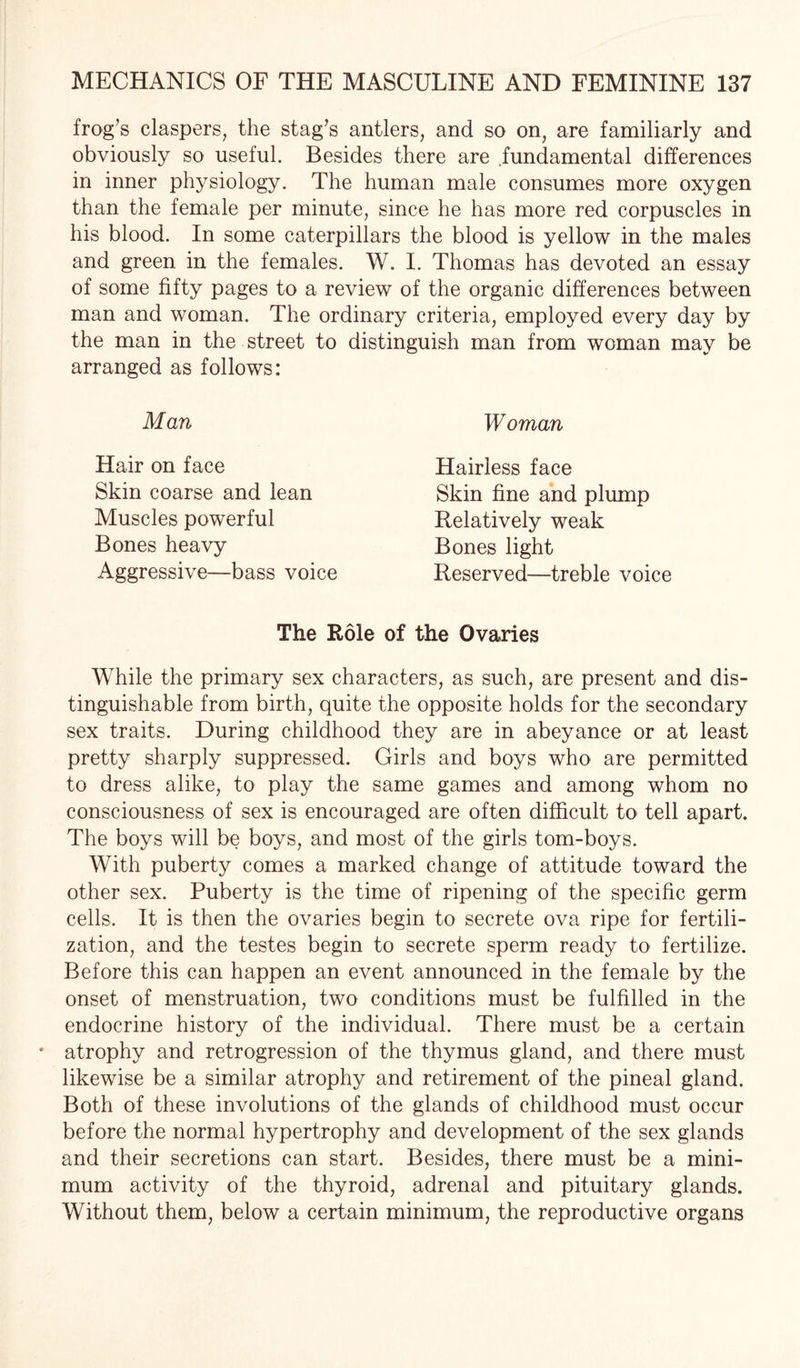 frog’s claspers, the stag’s antlers, and so on, are familiarly and obviously so useful. Besides there are fundamental differences in inner physiology. The human male consumes more oxygen than the female per minute, since he has more red corpuscles in his blood. In some caterpillars the blood is yellow in the males and green in the females. W. I. Thomas has devoted an essay of some fifty pages to a review of the organic differences between man and woman. The ordinary criteria, employed every day by the man in the street to distinguish man from woman may be arranged as follows: Man Hair on face Skin coarse and lean Muscles powerful Bones heavy Aggressive—bass voice Woman Hairless face Skin fine and plump Relatively weak Bones light Reserved—treble voice The Role of the Ovaries While the primary sex characters, as such, are present and dis¬ tinguishable from birth, quite the opposite holds for the secondary sex traits. During childhood they are in abeyance or at least pretty sharply suppressed. Girls and boys who are permitted to dress alike, to play the same games and among whom no consciousness of sex is encouraged are often difficult to tell apart. The boys will be boys, and most of the girls tom-boys. With puberty comes a marked change of attitude toward the other sex. Puberty is the time of ripening of the specific germ cells. It is then the ovaries begin to secrete ova ripe for fertili¬ zation, and the testes begin to secrete sperm ready to fertilize. Before this can happen an event announced in the female by the onset of menstruation, two conditions must be fulfilled in the endocrine history of the individual. There must be a certain atrophy and retrogression of the thymus gland, and there must likewise be a similar atrophy and retirement of the pineal gland. Both of these involutions of the glands of childhood must occur before the normal hypertrophy and development of the sex glands and their secretions can start. Besides, there must be a mini¬ mum activity of the thyroid, adrenal and pituitary glands. Without them, below a certain minimum, the reproductive organs