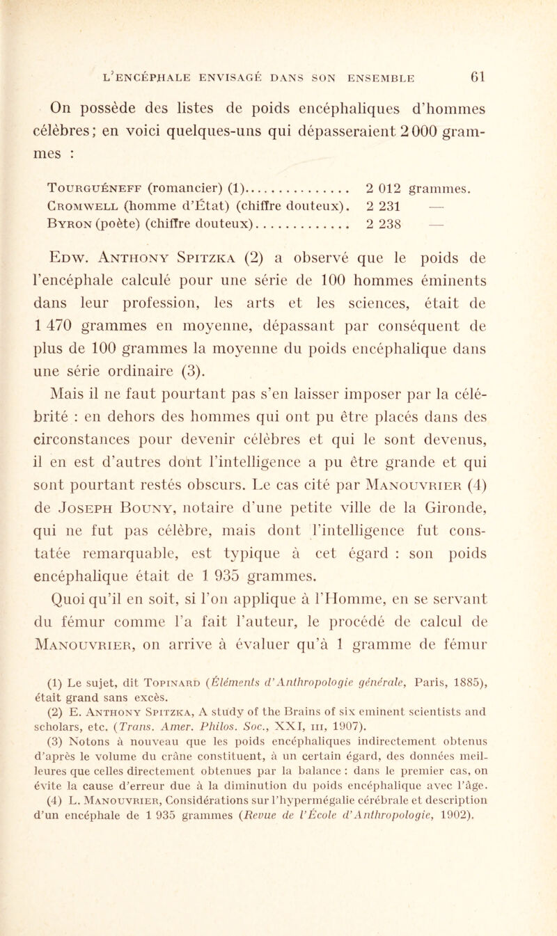 On possède des listes de poids encéphaliques d’hommes célèbres; en voici quelques-uns qui dépasseraient 2000 gram¬ mes : Tourguéneff (romancier) (1). 2 012 grammes. Cromwell (homme d’État) (chiffre douteux). 2 231 Byron (poète) (chiffre douteux). 2 238 Edw. Anthony Spitzka (2) a observé que le poids de l’encéphale calculé pour une série de 100 hommes éminents dans leur profession, les arts et les sciences, était de 1 470 grammes en moyenne, dépassant par conséquent de plus de 100 grammes la moyenne du poids encéphalique dans une série ordinaire (3). Mais il ne faut pourtant pas s’en laisser imposer par la célé¬ brité : en dehors des hommes qui ont pu être placés dans des circonstances pour devenir célèbres et qui le sont devenus, il en est d’autres do ht l’intelligence a pu être grande et qui sont pourtant restés obscurs. Le cas cité par Manouvrier (4) de Joseph Bouny, notaire d’une petite ville de la Gironde, qui ne fut pas célèbre, mais dont l’intelligence fut cons¬ tatée remarquable, est typique à cet égard : son poids encéphalique était de 1 935 grammes. Quoi qu’il en soit, si Y on applique à l’Homme, en se servant du fémur comme l’a fait l’auteur, le procédé de calcul de Manouvrier, on arrive à évaluer qu’à 1 gramme de fémur (1) Le sujet, dit Topinard (Éléments cl’Anthropologie générale, Paris, 1885), était grand sans excès. (2) E. Anthony Spitzka, A study of the Brains of six eminent scientists and scholars, etc. (Trans. Amer. Philos. Soc., XXI, m, 1907). (3) Notons à nouveau que les poids encéphaliques indirectement obtenus d’après le volume du crâne constituent, à un certain égard, des données meil¬ leures que celles directement obtenues par la balance : dans le premier cas, on évite la cause d’erreur due à la diminution du poids encéphalique avec l’âge. (4) L. Manouvrier, Considérations sur l’hypermégalie cérébrale et description d’un encéphale de 1 935 grammes {Revue de l’École cl’Anthropologie, 1902).