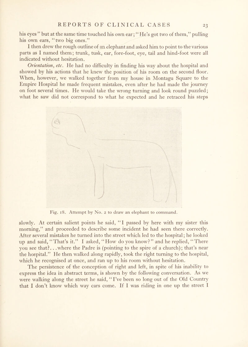 his eyes ” but at the same time touched his own ear; “He’s got two of them,” pulling his own ears, “two big ones.” I then drew the rough outline of an elephant and asked him to point to the various parts as I named them; trunk, tusk, ear, fore-foot, eye, tail and hind-foot were all indicated without hesitation. Orientation, etc. He had no difficulty in finding his way about the hospital and showed by his actions that he knew the position of his room on the second floor. When, however, we walked together from my house in Montagu Square to the Empire Hospital he made frequent mistakes, even after he had made the journey on foot several times. He would take the wrong turning and look round puzzled; what he saw did not correspond to what he expected and he retraced his steps \ 4 \ Fig. 18. Attempt by No. 2 to draw an elephant to command. slowly. At certain salient points he said, “1 passed by here with my sister this morning,” and proceeded to describe some incident he had seen there correctly. After several mistakes he turned into the street which led to the hospital; he looked up and said, “That’s it.” I asked, “How do you know?” and he replied, “There you see that?. . .where the Padre is (pointing to the spire of a church); that’s near the hospital.” He then walked along rapidly, took the right turning to the hospital, which he recognised at once, and ran up to his room without hesitation. The persistence of the conception of right and left, in spite of his inability to express the idea in abstract terms, is shown by the following conversation. As we were walking along the street he said, “I’ve been so long out of the Old Country that I don’t know which way cars come. If I was riding in one up the street I