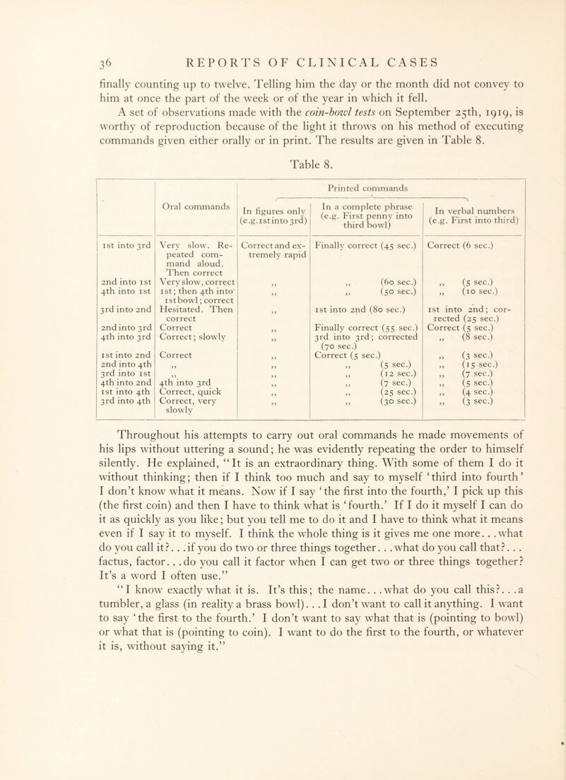 finally counting up to twelve. Telling him the day or the month did not convey to him at once the part of the week or of the year in which it fell. A set of observations made with the coin-bowl tests on September 25th, 1919, is worthy of reproduction because of the light it throws on his method of executing commands given either orally or in print. The results are given in Table 8. Table 8. Printed commands A Oral commands r In figures only (e.g.istinto 3rd) In a complete phrase (e.g. First penny into third bowl) In verbal numbers (e.g. First into third) 1 st into 3rd Very slow. Re¬ peated com¬ mand aloud. Then correct Correct and ex¬ tremely rapid Finally correct (45 sec.) Correct (6 sec.) 2nd into 1st Very slow, correct > > ,, (60 sec.) ,, (5 sec.) 4th into 1 st 1st; then 4th into istbowl; correct y y ,, (50 sec.) „ (10 sec.) 3rd into 2nd Hesitated. Then correct y y 1st into 2nd (80 sec.) 1st into 2nd; cor¬ rected (25 sec.) 2nd into 3rd Correct y y Finally correct (55 sec.) Correct (5 sec.) 4th into 3rd Correct; slowly y y 3rd into 3rd; corrected (70 sec.) „ (8 sec.) 1st into 2nd Correct y y Correct (5 sec.) ,, (3 sec.) 2nd into 4th > > y y ,, (5 sec.) ,, (15 sec.) 3rd into 1st > > y y ,, (12 sec.) ,, (7 sec.) 4th into 2nd 4th into 3rd y y ,, (7 sec.) ,, (5 sec.) 1st into 4th Correct, quick y y ,, (25 sec.) ,, (4 sec.) 3rd into 4th Correct, very slowly y y ,, (30 sec.) ,, (3 sec.) Throughout his attempts to carry out oral commands he made movements of his lips without uttering a sound; he was evidently repeating the order to himself silently. He explained, “It is an extraordinary thing. With some of them I do it without thinking; then if I think too much and say to myself ‘ third into fourth ’ I don’t know what it means. Now if I say ‘the first into the fourth,’ I pick up this (the first coin) and then I have to think what is ‘fourth.’ If I do it myself I can do it as quickly as you like; but you tell me to do it and I have to think what it means even if I say it to myself. I think the whole thing is it gives me one more. . .what do you call it?. . .if you do two or three things together. . .what do you call that?. . . factus, factor. . .do you call it factor when I can get two or three things together? It’s a word I often use.” “I know exactly what it is. It’s this; the name. . .what do you call this?. . .a tumbler, a glass (in reality a brass bowl)... I don’t want to call it anything. I want to say ‘the first to the fourth.’ I don’t want to say what that is (pointing to bowl) or what that is (pointing to coin). I want to do the first to the fourth, or whatever it is, without saying it.”