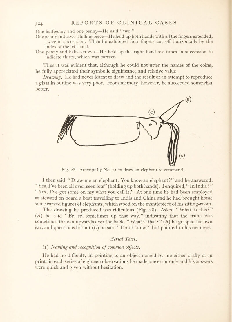 One halfpenny and one penny—He said “two.” Onepenny andatwo-shilling piece—He held up both hands with all the fingers extended, twice in succession. Then he exhibited four fingers cut off horizontally by the index of the left hand. One penny and half-a-crown—He held up the right hand six times in succession to indicate thirty, which was correct. Thus it was evident that, although he could not utter the names of the coins, he fully appreciated their symbolic significance and relative value. Drawing. He had never learnt to draw and the result of an attempt to reproduce a glass in outline was very poor. From memory, however, he succeeded somewhat better. Fig. 28. Attempt by No. 21 to draw an elephant to command. I then said, “ Draw me an elephant. You know an elephant? ” and he answered, “Yes, I’ve been all over, seen lots” (holding up both hands). I enquired, “ In India? ” “Yes, I’ve got some on my what you call it.” At one time he had been employed as steward on board a boat travelling to India and China and he had brought home some carved figures of elephants, which stood on the mantlepiece of his sitting-room. The drawing he produced was ridiculous (Fig. 28). Asked “What is this?” (A) he said “Er, er, sometimes up that way,” indicating that the trunk was sometimes thrown upwards over the back. “What is that? ” (B) he grasped his own ear, and questioned about (C) he said “Don’t know,” but pointed to his own eye. Serial Tests. (1) Naming and recognition of common objects. He had no difficulty in pointing to an object named by me either orally or in print; in each series of eighteen observations he made one error only and his answers were quick and given without hesitation.