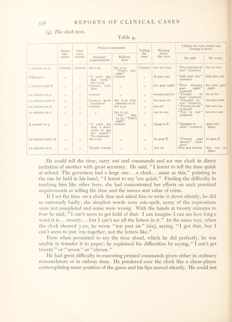 (4) The clock tests. Table 4. Direct Oral Printed commands Telling the time Writing down the time Telling the time aloud and writing it down imi¬ tation com¬ mands Ordinary nomenclature Railway time He said He wrote 5 minutes to 2 Correct Correct Set 2.55 Set 1.25. “That’s not right” Correct five too two “ Five minutes to two” (correct) five to two Half-past 1 y y y y “ I can’t get that word.” Set 12.30 Correct > > hi past one “half past one” (correct) haft past one 5 minutes past 8 y y y y Correct; very slow > > y y five past eight “ Five minutes past eight” (correct) five min past eight 20 minutes to 4 y y y y Correct y y y y twenty fast for “ Twenty to four” (correct) tw to for 10 minutes past 7 y y y y Correct; great hesitation Set 6.50 (ten minutes to 7) y y ten past sis “Ten past se¬ ven” (correct) ten past sem 20 minutes to 6 y y y y Correct Set 5.45 yy too six “ Twenty to six” (correct) lwe two six 10 minutes to 1 y y y y yy Set 12.25. “No.” Set 12.55. “That’s right” y y ten to one “Ten to one” (correct) ten two one A quarter to 9 y y y y “ I can’t see that; I don’t seem to get the sound.” No response Correct yy Qeag to E “ Quarter to nine” (correct) quer two nines 20 minutes past 11 y y yy Set 7.20 yy y y lw past E “Twenty past eleven” (cor¬ rect) lw past E 25 minutes to 3 yy y y Finally correct y y yy five tw Five and twenty five twe to three He could tell the time, carry out oral commands and set one clock in direct imitation of another with great accuracy. He said, “I learnt to tell the time quick at school. The governess had a large one. . .a clock. . .same as this,” pointing to the one he held in his hand, “I learnt to say ’em quick.” Finding the difficulty in teaching him like other boys, she had concentrated her efforts on such practical acquirements as telling the time and the names and value of coins. If I set the time on a clock face and asked him to write it down silently, he did so extremely badly; the simplest words were mis-spelt, many of the expressions were not completed and some were wrong. With the hands at twenty minutes to four he said, “ I can’t seem to get hold of that. I can imagine I can see how long a word it is. . .twenty. . .but I can’t see all the letters in it.” In the same way, when the clock showed 7.10, he wrote “ten past sis” (six), saying, “I got that, but I can’t seem to put ’em together, not the letters like.” Even when permitted to say the time aloud, which he did perfectly, he was unable to transfer it to paper; he explained his difficulties by saying, “I can’t get twenty” or “seven” or “eleven.” He had great difficulty in executing printed commands given either in ordinary nomenclature or in railway time. He pondered over the clock like a chess-player contemplating some position of the game and his lips moved silently. He could not