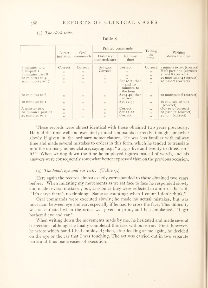 (4) The clock tests. Table 8. 1 Direct imitation Oral commands Printed commands Telling Writing down the time Ordinary nomenclature Railway time the time 5 minutes to 2 Correct Correct Set 5.55 Correct Correct 5 minnts to two (correct) Half-past 1 > > y y Correct y y > > Haft past one (correct) 5 minutes past 8 y y y y y y yy > > 5 past 8 (correct) 20 minutes to 4 y y y y y y y y y y 20 muntes to 4 (correct) 10 minutes past 7 y y y y y y Set 10.7; then 7 and 10 minutes to the hour y y 10 past 7 (correct) 20 minutes to 6 y y y y yy Set 4.40; then correct y y 20 muntes to 6 (correct) 10 minutes to 1 y y y y yy Set 12.55 yy 10 muntes to one (correct) A quarter to 9 yy y y yy Correct y y Our to 9 (correct) 20 minutes past 11 y y y y y y Set 12.20 y y 20 past 11 (correct) 25 minutes to 3 y y y y yy Correct y y 25 to 3 (correct) These records were almost identical with those obtained two years previously. He told the time well and executed printed commands correctly, though somewhat slowly if given in the ordinary nomenclature. He was less familiar with railway time and made several mistakes to orders in this form, which he tended to translate into the ordinary nomenclature, saying, e.g. “2.35 is five and twenty to three, isn’t it?” When writing down the time he employed figures instead of words, and his answers were consequently somewhat better expressed than on the previous occasion. (5) The hand, eye and ear tests. (Table 9.) Here again the records almost exactly corresponded to those obtained two years before. When imitating my movements as we sat face to face he responded slowly and made several mistakes; but, as soon as they were reflected in a mirror, he said, “It’s easy; there’s no thinking. Same as counting; when I count I don’t think.” Oral commands were executed slowly; he made no actual mistakes, but was uncertain between eye and ear, especially if he had to cross the face. This difficulty was accentuated when the order was given in print, and he complained, “I get bothered eye and ear.” When writing down the movements made by me, he hesitated and made several corrections, although he finally completed this task without error. First, however, he wrote which hand I had employed; then, after looking at me again, he decided on the eye or the ear that I was touching. The act was carried out in two separate parts and thus made easier of execution.