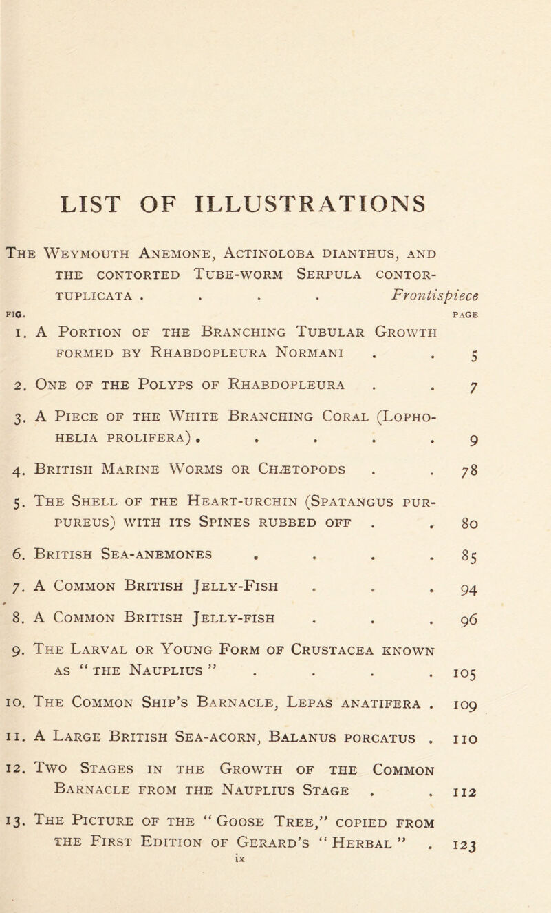 LIST OF ILLUSTRATIONS The Weymouth Anemone, Actinoloba dianthus, and THE CONTORTED TUBE-WORM SERPULA CONTOR- tuplicata .... Frontispiece FIG. PAGE 1. A Portion of the Branching Tubular Growth FORMED BY RHABDOPLEURA NORMANI . . 5 2. One of the Polyps of Rhabdopleura . . 7 3. A Piece of the White Branching Coral (Lopho- HELIA PROLIFERA) . . . . * 9 4. British Marine Worms or Ch^etopods . . 78 5. The Shell of the Heart-urchin (Spatangus pur- pureus) with its Spines rubbed off . , 80 6. British Sea-anemones . . . *85 7. A Common British Jelly-Fish . . • 94 8. A Common British Jelly-fish . . .96 9. The Larval or Young Form of Crustacea known AS “ THE NaUPLIUS ” . . . 105 10. The Common Ship’s Barnacle, Lepas anatifera . 109 11. A Large British Sea-acorn, Balanus porcatus . no 12. Two Stages in the Growth of the Common Barnacle from the Nauplius Stage . .112 13. The Picture of the “Goose Tree,” copied from the First Edition of Gerard’s “Herbal” . 123