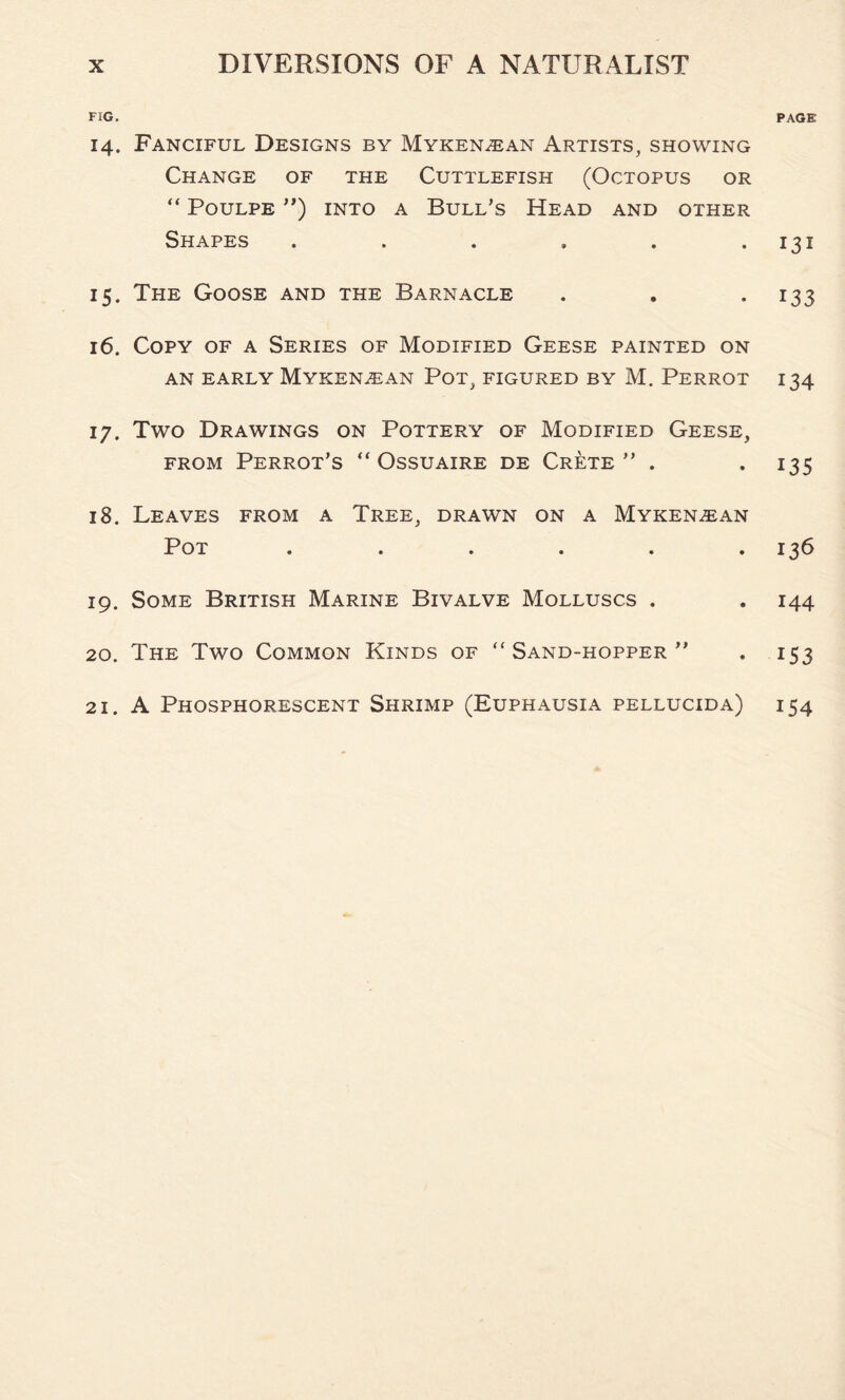 FIG. 14. Fanciful Designs by Myken^an Artists, showing Change of the Cuttlefish (Octopus or “ Poulpe ”) into a Bull’s Head and other Shapes ...... 15. The Goose and the Barnacle 16. Copy of a Series of Modified Geese painted on AN EARLY MYKENiEAN POT, FIGURED BY M. PERROT 17. Two Drawings on Pottery of Modified Geese, FROM PERROT’S “ OSSUAIRE DE CRETE ” . 18. Leaves from a Tree, drawn on a Myken^ean Pot ...... 19. Some British Marine Bivalve Molluscs . 20. The Two Common Kinds of “ Sand-hopper ” PAGE 131 133 134 135 136 144 153 21. A Phosphorescent Shrimp (Euphausia pellucida) 154