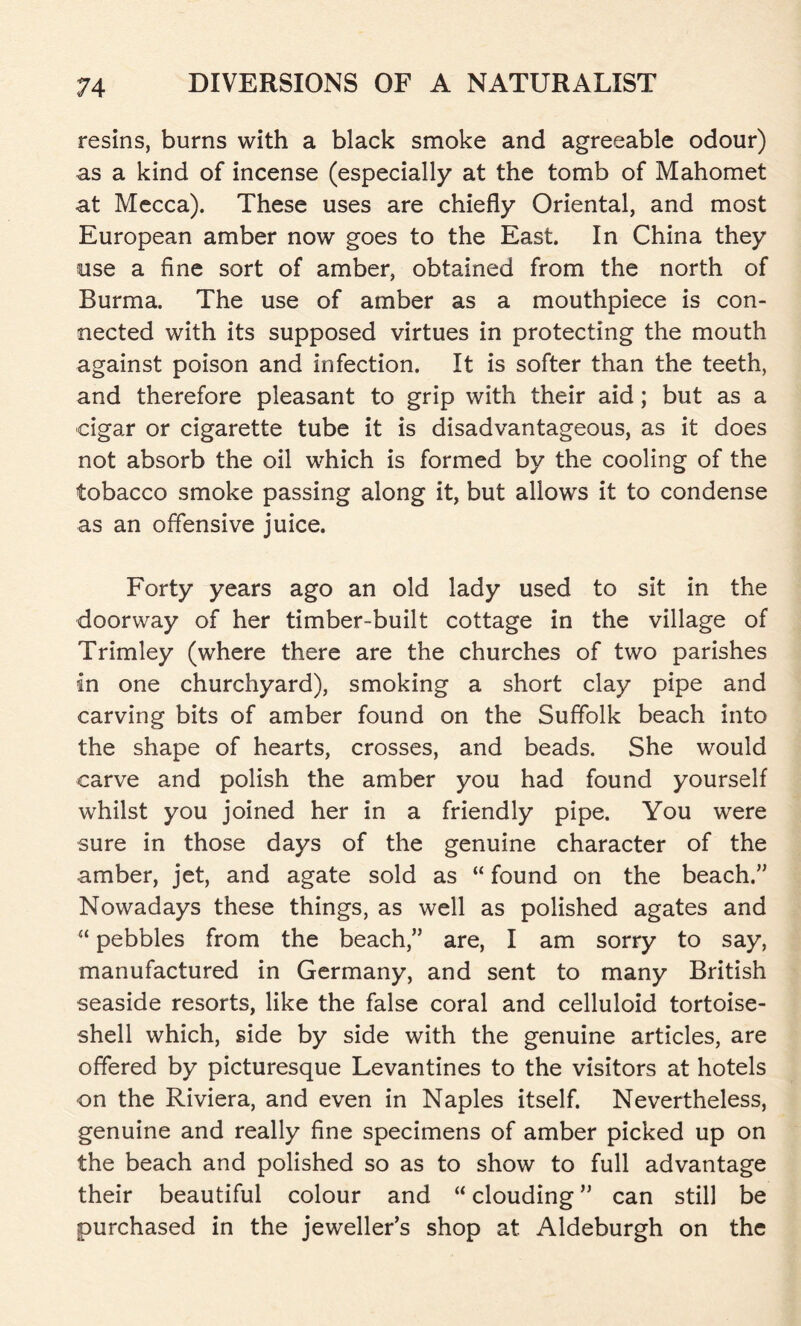 resins, burns with a black smoke and agreeable odour) as a kind of incense (especially at the tomb of Mahomet at Mecca). These uses are chiefly Oriental, and most European amber now goes to the East. In China they use a fine sort of amber, obtained from the north of Burma. The use of amber as a mouthpiece is con- nected with its supposed virtues in protecting the mouth against poison and infection. It is softer than the teeth, and therefore pleasant to grip with their aid; but as a cigar or cigarette tube it is disadvantageous, as it does not absorb the oil which is formed by the cooling of the tobacco smoke passing along it, but allows it to condense as an offensive juice. Forty years ago an old lady used to sit in the doorway of her timber-built cottage in the village of Trimley (where there are the churches of two parishes in one churchyard), smoking a short clay pipe and carving bits of amber found on the Suffolk beach into the shape of hearts, crosses, and beads. She would carve and polish the amber you had found yourself whilst you joined her in a friendly pipe. You were sure in those days of the genuine character of the amber, jet, and agate sold as “ found on the beach.” Nowadays these things, as well as polished agates and “ pebbles from the beach,” are, I am sorry to say, manufactured in Germany, and sent to many British seaside resorts, like the false coral and celluloid tortoise- shell which, side by side with the genuine articles, are offered by picturesque Levantines to the visitors at hotels on the Riviera, and even in Naples itself. Nevertheless, genuine and really fine specimens of amber picked up on the beach and polished so as to show to full advantage their beautiful colour and “ clouding ” can still be purchased in the jeweller’s shop at Aldeburgh on the