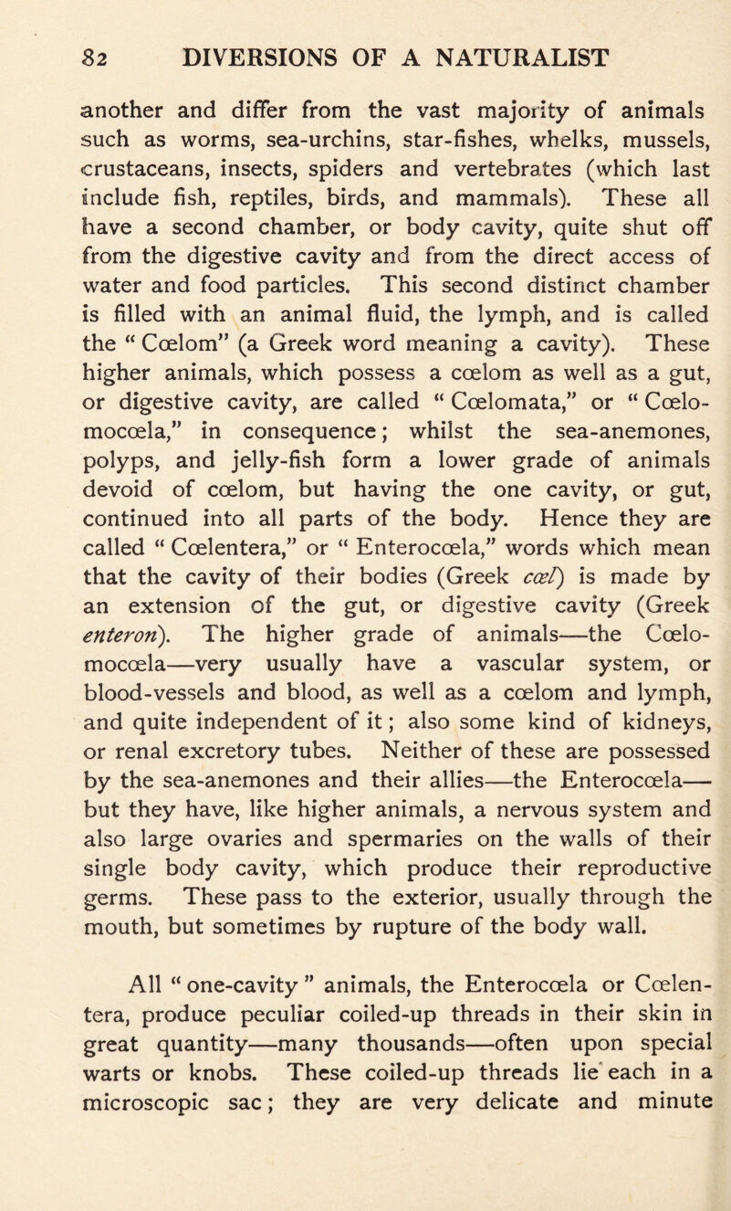 another and differ from the vast majority of animals such as worms, sea-urchins, star-fishes, whelks, mussels, crustaceans, insects, spiders and vertebrates (which last include fish, reptiles, birds, and mammals). These all have a second chamber, or body cavity, quite shut off from the digestive cavity and from the direct access of water and food particles. This second distinct chamber is filled with an animal fluid, the lymph, and is called the “ Coelom” (a Greek word meaning a cavity). These higher animals, which possess a coelom as well as a gut, or digestive cavity, are called “ Coelomata,” or “ Ccelo- mocoela,” in consequence; whilst the sea-anemones, polyps, and jelly-fish form a lower grade of animals devoid of coelom, but having the one cavity, or gut, continued into all parts of the body. Hence they are called “ Coelentera,” or “ Enterocoela,” words which mean that the cavity of their bodies (Greek ccel) is made by an extension of the gut, or digestive cavity (Greek enteroii). The higher grade of animals—the Coelo- mocoela—very usually have a vascular system, or blood-vessels and blood, as well as a coelom and lymph, and quite independent of it; also some kind of kidneys, or renal excretory tubes. Neither of these are possessed by the sea-anemones and their allies—the Enterocoela— but they have, like higher animals, a nervous system and also large ovaries and spermaries on the walls of their single body cavity, which produce their reproductive germs. These pass to the exterior, usually through the mouth, but sometimes by rupture of the body wall. All “ one-cavity ” animals, the Enterocoela or Coelen- tera, produce peculiar coiled-up threads in their skin in great quantity—many thousands—often upon special warts or knobs. These coiled-up threads lie each in a microscopic sac; they are very delicate and minute