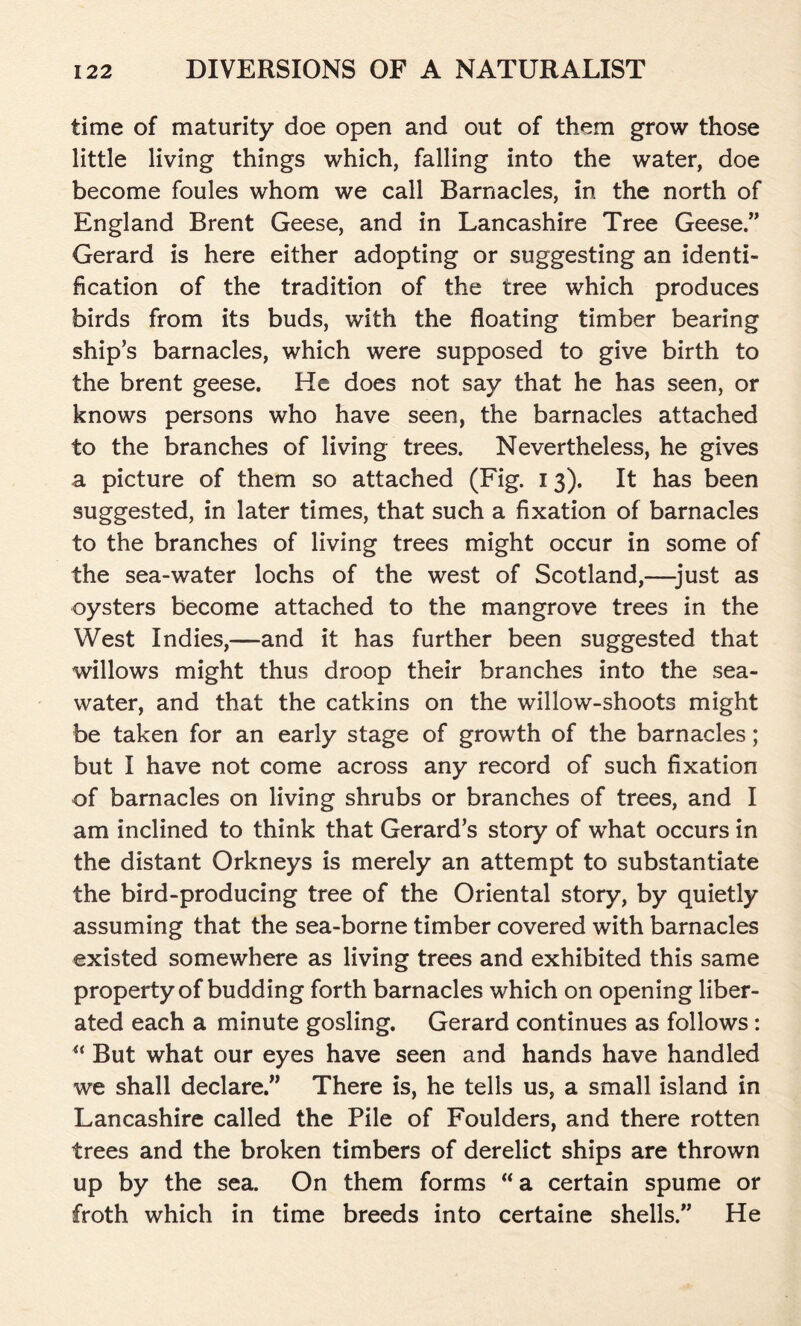 time of maturity doe open and out of them grow those little living things which, falling into the water, doe become foules whom we call Barnacles, in the north of England Brent Geese, and in Lancashire Tree Geese” Gerard is here either adopting or suggesting an identi- fication of the tradition of the tree which produces birds from its buds, with the floating timber bearing ship’s barnacles, which were supposed to give birth to the brent geese. He does not say that he has seen, or knows persons who have seen, the barnacles attached to the branches of living trees. Nevertheless, he gives a picture of them so attached (Fig. 13). It has been suggested, in later times, that such a fixation of barnacles to the branches of living trees might occur in some of the sea-water lochs of the west of Scotland,—just as oysters become attached to the mangrove trees in the West Indies,—and it has further been suggested that willows might thus droop their branches into the sea- water, and that the catkins on the willow-shoots might be taken for an early stage of growth of the barnacles; but I have not come across any record of such fixation of barnacles on living shrubs or branches of trees, and I am inclined to think that Gerard’s story of what occurs in the distant Orkneys is merely an attempt to substantiate the bird-producing tree of the Oriental story, by quietly assuming that the sea-borne timber covered with barnacles existed somewhere as living trees and exhibited this same property of budding forth barnacles which on opening liber- ated each a minute gosling. Gerard continues as follows: “ But what our eyes have seen and hands have handled we shall declare.” There is, he tells us, a small island in Lancashire called the Pile of Foulders, and there rotten trees and the broken timbers of derelict ships are thrown up by the sea. On them forms “a certain spume or froth which in time breeds into certaine shells.” He