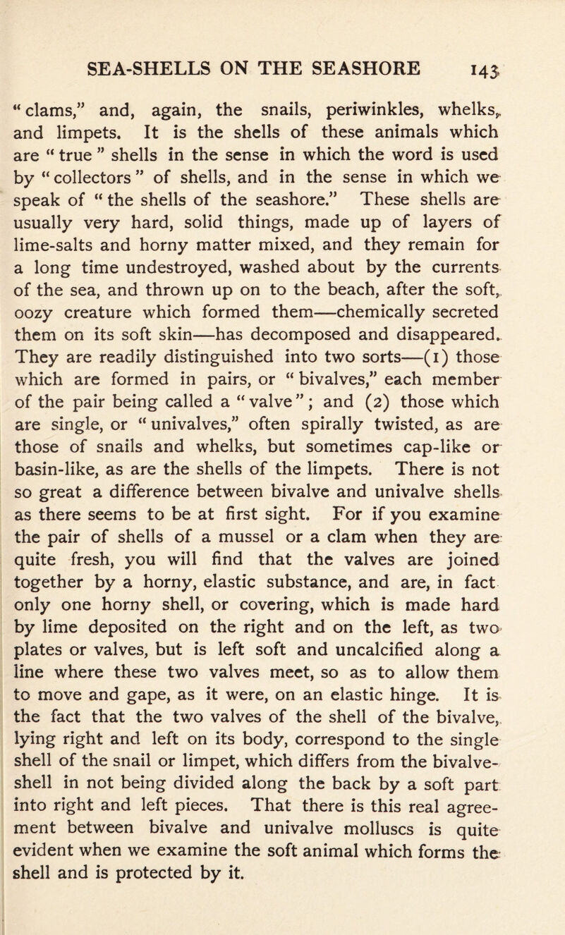 145 “ clams,” and, again, the snails, periwinkles, whelks,, and limpets. It is the shells of these animals which are  true ” shells in the sense in which the word is used by “ collectors ” of shells, and in the sense in which we speak of “ the shells of the seashore.” These shells are usually very hard, solid things, made up of layers of lime-salts and horny matter mixed, and they remain for a long time undestroyed, washed about by the currents of the sea, and thrown up on to the beach, after the soft, oozy creature which formed them—chemically secreted them on its soft skin—has decomposed and disappeared. They are readily distinguished into two sorts—(1) those which are formed in pairs, or “ bivalves,” each member of the pair being called a “valve”; and (2) those which are single, or “ univalves,” often spirally twisted, as are those of snails and whelks, but sometimes cap-like or basin-like, as are the shells of the limpets. There is not so great a difference between bivalve and univalve shells as there seems to be at first sight. For if you examine the pair of shells of a mussel or a clam when they are quite fresh, you will find that the valves are joined together by a horny, elastic substance, and are, in fact only one horny shell, or covering, which is made hard by lime deposited on the right and on the left, as two plates or valves, but is left soft and uncalcified along a line where these two valves meet, so as to allow them to move and gape, as it were, on an elastic hinge. It is the fact that the two valves of the shell of the bivalve, lying right and left on its body, correspond to the single shell of the snail or limpet, which differs from the bivalve- shell in not being divided along the back by a soft part into right and left pieces. That there is this real agree- ment between bivalve and univalve molluscs is quite evident when we examine the soft animal which forms the shell and is protected by it.