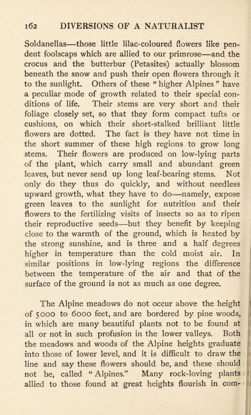 Soldanellas—those little lilac-coloured flowers like pen- dent foolscaps which are allied to our primrose—and the crocus and the butterbur (Petasites) actually blossom beneath the snow and push their open flowers through it to the sunlight. Others of these “ higher Alpines ” have a peculiar mode of growth related to their special con- ditions of life. Their stems are very short and their foliage closely set, so that they form compact tufts or cushions, on which their short-stalked brilliant little flowers are dotted. The fact is they have not time in the short summer of these high regions to grow long stems. Their flowers are produced on low-lying parts of the plant, which carry small and abundant green leaves, but never send up long leaf-bearing stems. Not only do they thus do quickly, and without needless upward growth, what they have to do—namely, expose green leaves to the sunlight for nutrition and their flowers to the fertilizing visits of insects so as to ripen their reproductive seeds—but they benefit by keeping close to the warmth of the ground, which is heated by the strong sunshine, and is three and a half degrees higher in temperature than the cold moist air. In similar positions in low-lying regions the difference between the temperature of the air and that of the surface of the ground is not as much as one degree. The Alpine meadows do not occur above the height of 5000 to 6000 feet, and are bordered by pine woods, in which are many beautiful plants not to be found at all or not in such profusion in the lower valleys. Both the meadows and woods of the Alpine heights graduate into those of lower level, and it is difficult to draw the line and say these flowers should be, and these should not be, called “ Alpines.” Many rock-loving plants allied to those found at great heights flourish in com-