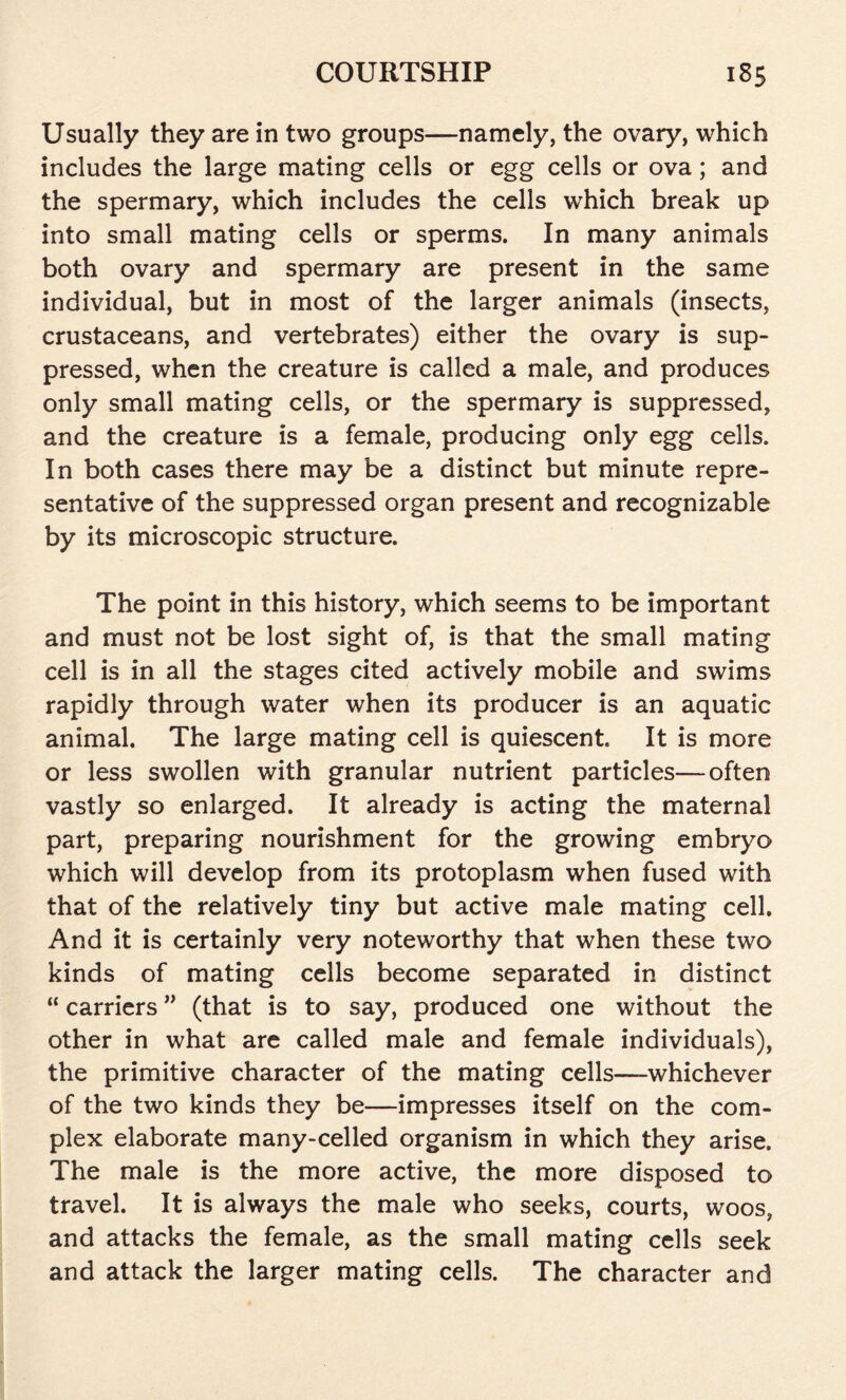 Usually they are in two groups—namely, the ovary, which includes the large mating cells or egg cells or ova; and the spermary, which includes the cells which break up into small mating cells or sperms. In many animals both ovary and spermary are present in the same individual, but in most of the larger animals (insects, crustaceans, and vertebrates) either the ovary is sup- pressed, when the creature is called a male, and produces only small mating cells, or the spermary is suppressed, and the creature is a female, producing only egg cells. In both cases there may be a distinct but minute repre- sentative of the suppressed organ present and recognizable by its microscopic structure. The point in this history, which seems to be important and must not be lost sight of, is that the small mating cell is in all the stages cited actively mobile and swims rapidly through water when its producer is an aquatic animal. The large mating cell is quiescent. It is more or less swollen with granular nutrient particles—often vastly so enlarged. It already is acting the maternal part, preparing nourishment for the growing embryo which will develop from its protoplasm when fused with that of the relatively tiny but active male mating cell. And it is certainly very noteworthy that when these two kinds of mating cells become separated in distinct “ carriers ” (that is to say, produced one without the other in what are called male and female individuals), the primitive character of the mating cells—whichever of the two kinds they be—impresses itself on the com- plex elaborate many-celled organism in which they arise. The male is the more active, the more disposed to travel. It is always the male who seeks, courts, woos, and attacks the female, as the small mating cells seek and attack the larger mating cells. The character and