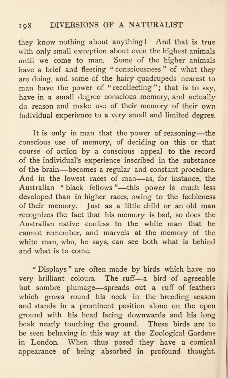 they know nothing about anything! And that is true with only small exception about even the highest animals until we come to man. Some of the higher animals have a brief and fleeting “ consciousness ” of what they are doing, and some of the hairy quadrupeds nearest to man have the power of “ recollecting that is to say, have in a small degree conscious memory, and actually do reason and make use of their memory of their own individual experience to a very small and limited degree. It is only in man that the power of reasoning—the conscious use of memory, of deciding on this or that course of action by a conscious appeal to the record of the individual’s experience inscribed in the substance of the brain—becomes a regular and constant procedure. And in the lowest races of man—as, for instance, the Australian “ black fellows ”—this power is much less developed than in higher races, owing to the feebleness of their memory. Just as a little child or an old man recognizes the fact that his memory is bad, so does the Australian native confess to the white man that he cannot remember, and marvels at the memory of the white man, who, he says, can see both what is behind and what is to come. “ Displays ” are often made by birds which have no very brilliant colours. The ruff—a bird of agreeable but sombre plumage—spreads out a ruff of feathers which grows round his neck in the breeding season and stands in a prominent position alone on the open ground with his head facing downwards and his long beak nearly touching the ground. These birds are to be seen behaving in this way at the Zoological Gardens in London. When thus posed they have a comical appearance of being absorbed in profound thought.