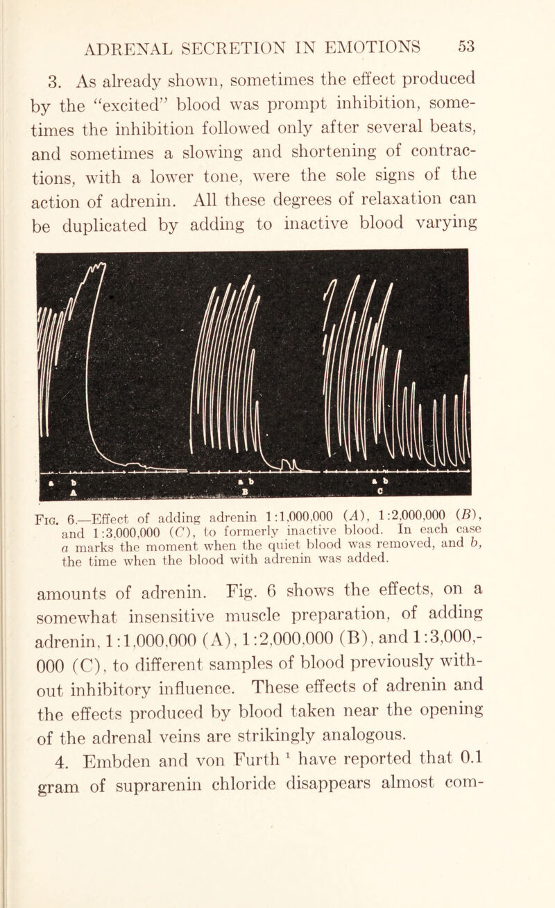 3. As already shown, sometimes the effect produced by the “excited” blood was prompt inhibition, some¬ times the inhibition followed only after several beats, and sometimes a slowing and shortening of contrac¬ tions, with a lower tone, were the sole signs of the action of adrenin. All these degrees of relaxation can be duplicated by adding to inactive blood varying Fig. 6—Effect of adding adrenin 1:L000.000 (^4), 1:2.000,000 (B), and 1:3.000,000 (C), to formerly inactive blood. In each case a marks the moment when the quiet blood was removed, and h, the time when the blood wTith adrenin was added. amounts of adrenin. Fig. 6 shows the effects, on a somewhat insensitive muscle preparation, of adding adrenin, 1:1,000,000 (A), 1:2,000.000 (B), and 1:3,000,- 000 (C), to different samples of blood previously with¬ out inhibitory influence. These effects of adrenin and the effects produced by blood taken near the opening of the adrenal veins are strikingly analogous. 4. Embden and von Furth 1 have reported that 0.1 gram of suprarenin chloride disappears almost com-