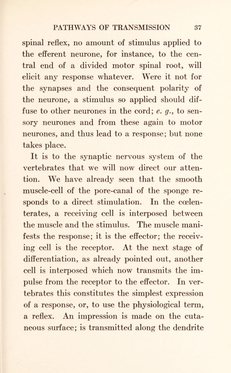 spinal reflex, no amount of stimulus applied to the efferent neurone, for instance, to the cen¬ tral end of a divided motor spinal root, will elicit any response whatever. Were it not for the synapses and the consequent polarity of the neurone, a stimulus so applied should dif¬ fuse to other neurones in the cord; e. g.9 to sen¬ sory neurones and from these again to motor neurones, and thus lead to a response; but none takes place. It is to the synaptic nervous system of the vertebrates that we will now direct our atten¬ tion. We have already seen that the smooth muscle-cell of the pore-canal of the sponge re¬ sponds to a direct stimulation. In the coelen- terates, a receiving cell is interposed between the muscle and the stimulus. The muscle mani¬ fests the response; it is the effector; the receiv¬ ing cell is the receptor. At the next stage of differentiation, as already pointed out, another cell is interposed which now transmits the im¬ pulse from the receptor to the effector. In ver¬ tebrates this constitutes the simplest expression of a response, or, to use the physiological term, a reflex. An impression is made on the cuta¬ neous surface; is transmitted along the dendrite
