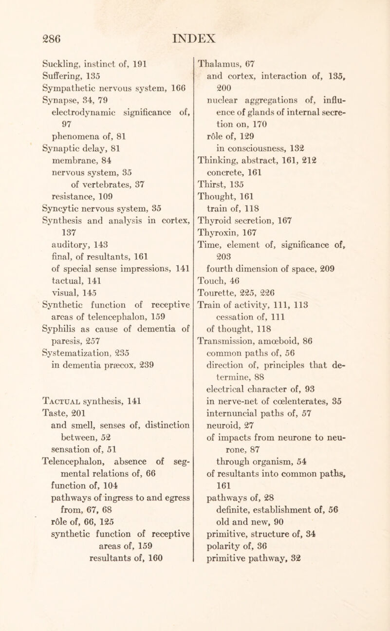 Suckling, instinct of, 191 Suffering, 135 Sympathetic nervous system, 166 Synapse, 34, 79 electrodynamic significance of, 97 phenomena of, 81 Synaptic delay, 81 membrane, 84 nervous system, 35 of vertebrates, 37 resistance, 109 Syncytic nervous system, 35 Synthesis and analysis in cortex, 137 auditory, 143 final, of resultants, 161 of special sense impressions, 141 tactual, 141 visual, 145 Synthetic function of receptive areas of telencephalon, 159 Syphilis as cause of dementia of paresis, 257 Systematization, 235 in dementia prsecox, 239 Tactual synthesis, 141 Taste, 201 and smell, senses of, distinction between, 52 sensation of, 51 Telencephalon, absence of seg¬ mental relations of, 66 function of, 104 pathways of ingress to and egress from, 67, 68 role of, 66, 125 synthetic function of receptive areas of, 159 resultants of, 160 Thalamus, 67 and cortex, interaction of, 135, 200 nuclear aggregations of, influ¬ ence of glands of internal secre¬ tion on, 170 role of, 129 in consciousness, 132 Thinking, abstract, 161, 212 concrete, 161 Thirst, 135 Thought, 161 train of, 118 Thyroid secretion, 167 Thyroxin, 167 Time, element of, significance of, 203 fourth dimension of space, 209 Touch, 46 Tourette, 225, 226 Train of activity, 111, 113 cessation of, 111 of thought, 118 Transmission, amoeboid, 86 common paths of, 56 direction of, principles that de¬ termine, 88 electrical character of, 93 in nerve-net of coelenterates, 35 internuncial paths of, 57 neuroid, 27 of impacts from neurone to neu¬ rone, 87 through organism, 54 of resultants into common paths, 161 pathways of, 28 definite, establishment of, 56 old and new, 90 primitive, structure of, 34 polarity of, 36 primitive pathway, 32