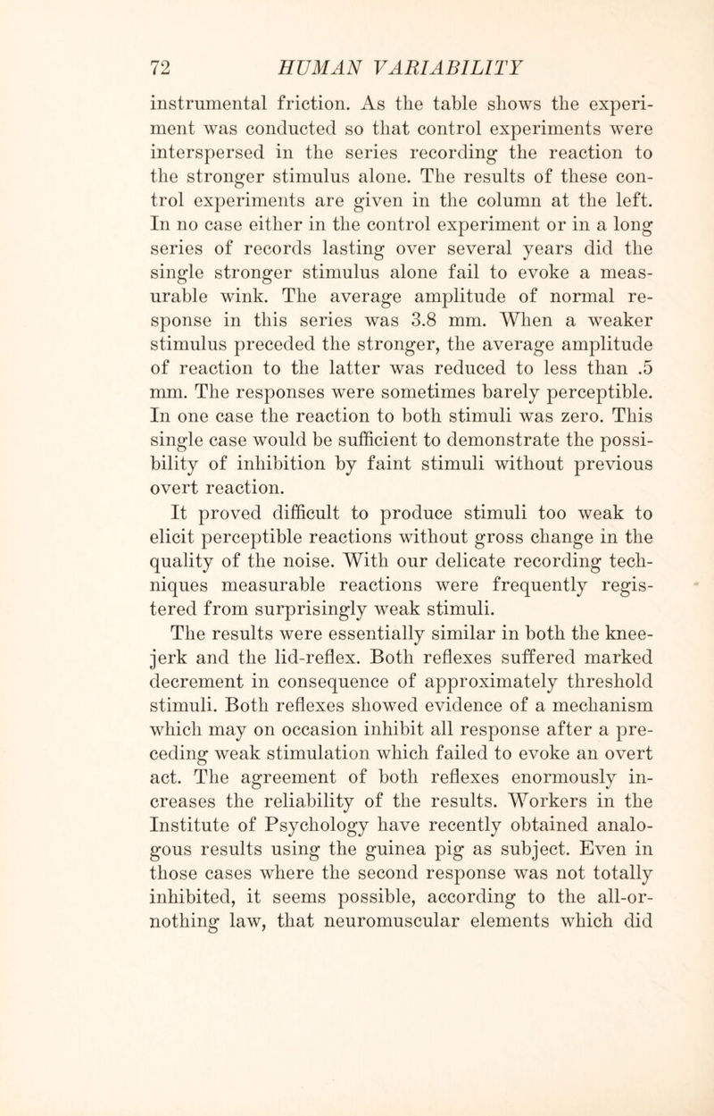 instrumental friction. As tlie table shows the experi¬ ment was conducted so that control experiments were interspersed in the series recording the reaction to the stronger stimulus alone. The results of these con¬ trol experiments are given in the column at the left. In no case either in the control experiment or in a long series of records lasting over several years did the single stronger stimulus alone fail to evoke a meas¬ urable wink. The average amplitude of normal re¬ sponse in this series was 3.8 mm. When a weaker stimulus preceded the stronger, the average amplitude of reaction to the latter was reduced to less than .5 mm. The responses were sometimes barely perceptible. In one case the reaction to both stimuli was zero. This single case would be sufficient to demonstrate the possi¬ bility of inhibition by faint stimuli without previous overt reaction. It proved difficult to produce stimuli too weak to elicit perceptible reactions without gross change in the quality of the noise. With our delicate recording tech¬ niques measurable reactions were frequently regis¬ tered from surprisingly weak stimuli. The results were essentially similar in both the knee- jerk and the lid-reflex. Both reflexes suffered marked decrement in consequence of approximately threshold stimuli. Both reflexes showed evidence of a mechanism which may on occasion inhibit all response after a pre¬ ceding weak stimulation which failed to evoke an overt act. The agreement of both reflexes enormously in¬ creases the reliability of the results. Workers in the Institute of Psychology have recently obtained analo¬ gous results using the guinea pig as subject. Even in those cases where the second response was not totally inhibited, it seems possible, according to the all-or- nothing law, that neuromuscular elements which did