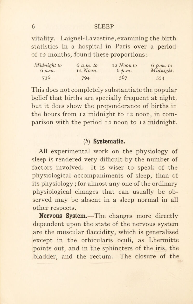 vitality. Laignel-Lavastine, examining the birth statistics in a hospital in Paris over a period of 12 months, found these proportions: Midnight to 6 a.m. to 12 Noon to 6 p.m. to 6 a.m. 12 Noon. 6 p.m. Midnight. 736 794 567 554 This does not completely substantiate the popular belief that births are specially frequent at night, but it does show the preponderance of births in the hours from 12 midnight to 12 noon, in com¬ parison with the period 12 noon to 12 midnight. (b) Systematic. All experimental work on the physiology of sleep is rendered very difficult by the number of factors involved. It is wiser to speak of the physiological accompaniments of sleep, than of its physiology; for almost any one of the ordinary physiological changes that can usually be ob¬ served may be absent in a sleep normal in all other respects. Nervous System.—The changes more directly dependent upon the state of the nervous system are the muscular flaccidity, which is generalised except in the orbicularis oculi, as Lhermitte points out, and in the sphincters of the iris, the bladder, and the rectum. The closure of the