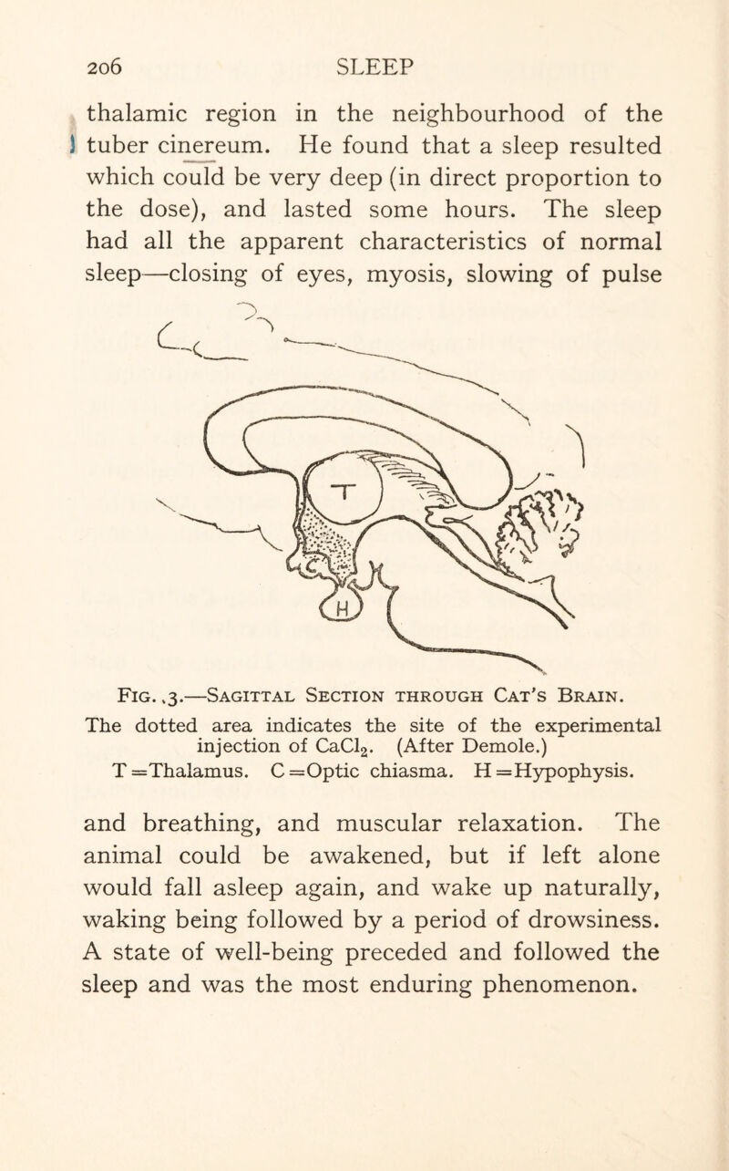 thalamic region in the neighbourhood of the J tuber cinereum. He found that a sleep resulted which could be very deep (in direct proportion to the dose), and lasted some hours. The sleep had all the apparent characteristics of normal sleep—closing of eyes, myosis, slowing of pulse Fig. .3.—Sagittal Section through Cat’s Brain. The dotted area indicates the site of the experimental injection of CaCl2. (After Demole.) T ='Thalamus. C= Optic chiasma. H = Hypophysis. and breathing, and muscular relaxation. The animal could be awakened, but if left alone would fall asleep again, and wake up naturally, waking being followed by a period of drowsiness. A state of well-being preceded and followed the sleep and was the most enduring phenomenon.