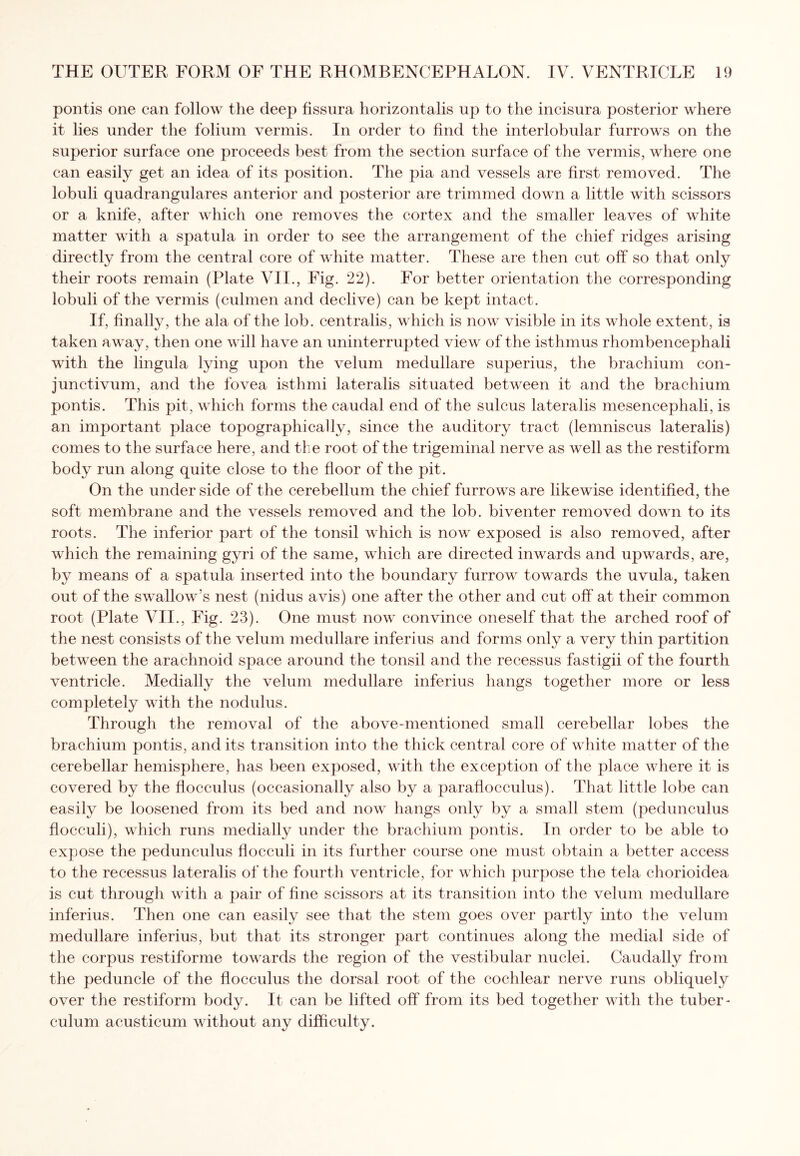pontis one can follow the deep fissura horizontalis up to the incisura posterior where it lies under the folium vermis. In order to find the interlobular furrows on the superior surface one proceeds best from the section surface of the vermis, where one can easily get an idea of its position. The pia and vessels are first removed. The lobuli quadrangulares anterior and posterior are trimmed down a little with scissors or a knife, after which one removes the cortex and the smaller leaves of white matter with a spatula in order to see the arrangement of the chief ridges arising directly from the central core of white matter. These are then cut off so that only their roots remain (Plate VII., Fig. 22). For better orientation the corresponding lobuli of the vermis (culmen and declive) can be kept intact. If, finally, the ala of the lob. centralis, which is now visible in its whole extent, is taken away, then one will have an uninterrupted view of the isthmus rhombencephali with the lingula lying upon the velum medullare superius, the brachium con- junctivum, and the fovea isthmi lateralis situated between it and the brachium pontis. This pit, which forms the caudal end of the sulcus lateralis mesencephali, is an important place topographically, since the auditory tract (lemniscus lateralis) comes to the surface here, and the root of the trigeminal nerve as well as the restiform body run along quite close to the floor of the pit. On the under side of the cerebellum the chief furrows are likewise identified, the soft membrane and the vessels removed and the lob. biventer removed down to its roots. The inferior part of the tonsil which is now exposed is also removed, after which the remaining gyri of the same, which are directed inwards and upwards, are, by means of a spatula inserted into the boundary furrow towards the uvula, taken out of the swallow’s nest (nidus avis) one after the other and cut off at their common root (Plate VII., Fig. 23). One must now convince oneself that the arched roof of the nest consists of the velum medullare inferius and forms only a very thin partition between the arachnoid space around the tonsil and the recessus fastigii of the fourth ventricle. Medially the velum medullare inferius hangs together more or less completely with the nodulus. Through the removal of the above-mentioned small cerebellar lobes the brachium pontis, and its transition into the thick central core of white matter of the cerebellar hemisphere, has been exposed, with the exception of the place where it is covered by the flocculus (occasionally also by a paraflocculus). That little lobe can easily be loosened from its bed and now hangs only by a small stem (pedunculus flocculi), which runs medially under the brachium pontis. In order to be able to expose the pedunculus flocculi in its further course one must obtain a better access to the recessus lateralis of the fourth ventricle, for which purpose the tela chorioidea is cut through with a pair of fine scissors at its transition into the velum medullare inferius. Then one can easily see that the stem goes over partly into the velum medullare inferius, but that its stronger part continues along the medial side of the corpus restiforme towards the region of the vestibular nuclei. Caudally from the peduncle of the flocculus the dorsal root of the cochlear nerve runs obliquely over the restiform body. It can be lifted off from its bed together with the tuber- culum acusticum without any difficulty.