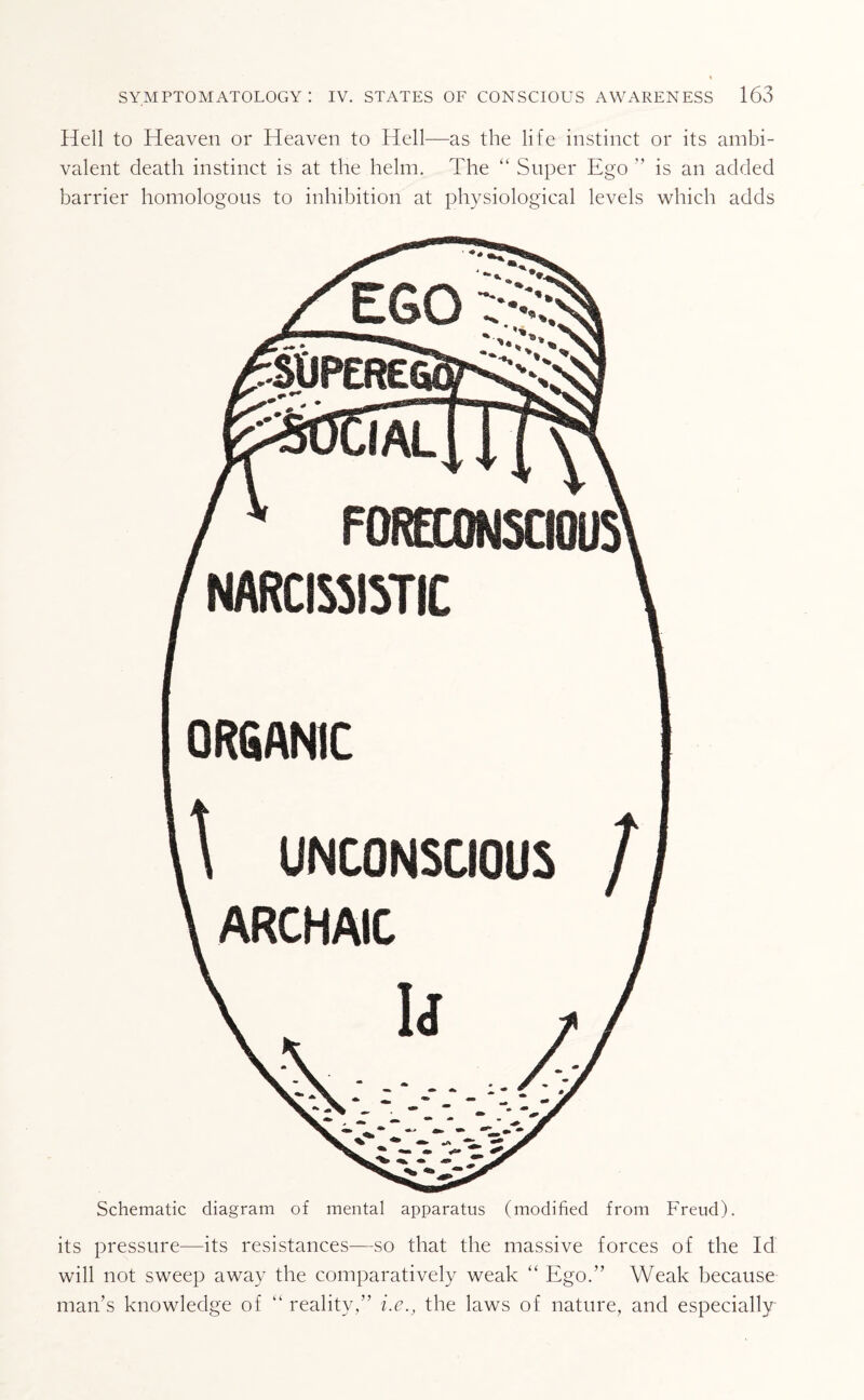 Hell to Heaven or Heaven to Hell—as the life instinct or its ambi¬ valent death instinct is at the helm. The “ Super Ego ” is an added barrier homologous to inhibition at physiological levels which adds Schematic diagram of mental apparatus (modified from Freud). its pressure—its resistances—so that the massive forces of the Id will not sweep away the comparatively weak “ Ego.” Weak because man’s knowledge of “ reality,” i.e., the laws of nature, and especially