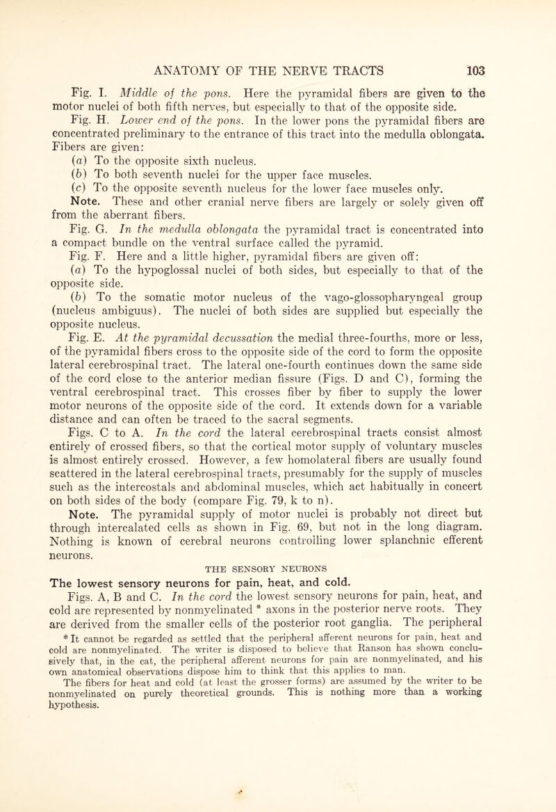 Fig. I. Middle of the pons. Here the pyramidal fibers are given to the motor nuclei of both fifth nerves, but especially to that of the opposite side. Fig. H. Lower end of the pons. In the lower pons the pyramidal fibers are concentrated preliminary to the entrance of this tract into the medulla oblongata. Fibers are given: (а) To the opposite sixth nucleus. (б) To both seventh nuclei for the upper face muscles. (c) To the opposite seventh nucleus for the lower face muscles only. Note. These and other cranial nerve fibers are largely or solely given off from the aberrant fibers. Fig. G. In the medulla oblongata the pyramidal tract is concentrated into a compact bundle on the ventral surface called the pyramid. Fig. F. Here and a little higher, pyramidal fibers are given off: (a) To the hypoglossal nuclei of both sides, but especially to that of the opposite side. (b) To the somatic motor nucleus of the vago-glossopharyngeal group (nucleus ambiguus). The nuclei of both sides are supplied but especially the opposite nucleus. Fig. E. At the pyramidal decussation the medial three-fourths, more or less, of the pyramidal fibers cross to the opposite side of the cord to form the opposite lateral cerebrospinal tract. The lateral one-fourth continues down the same side of the cord close to the anterior median fissure (Figs. D and C), forming the ventral cerebrospinal tract. This crosses fiber by fiber to supply the lower motor neurons of the opposite side of the cord. It extends down for a variable distance and can often be traced to the sacral segments. Figs. C to A. In the cord the lateral cerebrospinal tracts consist almost entirely of crossed fibers, so that the cortical motor supply of voluntary muscles is almost entirely crossed. However, a few homolateral fibers are usually found scattered in the lateral cerebrospinal tracts, presumably for the supply of muscles such as the intercostals and abdominal muscles, which act habitually in concert on both sides of the body (compare Fig. 79, k to n). Note. The pyramidal supply of motor nuclei is probably not direct but through intercalated cells as shown in Fig. 69, but not in the long diagram. Nothing is known of cerebral neurons controlling lower splanchnic efferent neurons. THE SENSORY NEURONS The lowest sensory neurons for pain, heat, and cold. Figs. A, B and C. In the cord the lowest sensory neurons for pain, heat, and cold are represented by nonmyelinated * axons in the posterior nerve roots. They are derived from the smaller cells of the posterior root ganglia. The peripheral * It cannot be regarded as settled that the peripheral afferent neurons for pain, heat and cold are nonmyelinated. The writer is disposed to believe that Ranson has shown conclu¬ sively that, in the cat, the peripheral afferent neurons for pain are nonmyelinated, and his own anatomical observations dispose him to think that this applies to man. The fibers for heat and cold (at least the grosser forms) are assumed by the writer to be nonmyelinated on purely theoretical grounds. This is nothing more than a working hypothesis.
