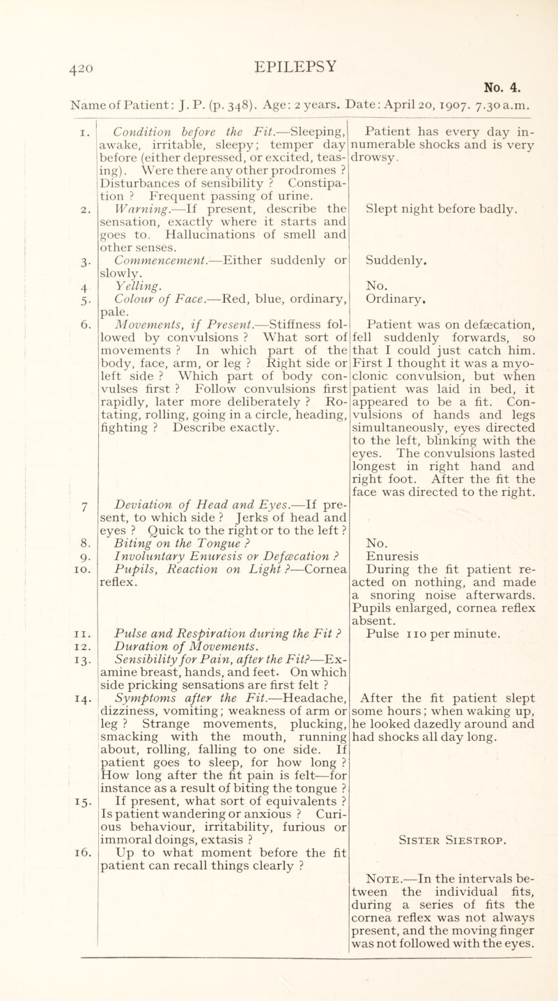 No. 4. Name of Patient: J. P. (p.348). Age: 2 years. Date: April 20, 1907. 7.30 a.m. 1. 2. 3- 4 5- 6. Condition before the Fit.—Sleeping, awake, irritable, sleepy; temper day before (either depressed, or excited, teas¬ ing) . Were there any other prodromes ? Disturbances of sensibility ? Constipa¬ tion ? Frequent passing of urine. Warning.—If present, describe the sensation, exactly where it starts and goes to. Hallucinations of smell and other senses. Commencement.-—Either suddenly or slowly. Yelling. Colour of Face.—Red, blue, ordinary, pale. Movements, if Present.—Stiffness fol¬ lowed by convulsions ? What sort of movements ? In which part of the body, face, arm, or leg ? Right side or left side ? Which part of body con¬ vulses first ? Follow convulsions first rapidly, later more deliberately ? Ro¬ tating, rolling, going in a circle, heading, fighting ? Describe exactly. 7 8. 9- 10. Deviation of Head and Eyes.—If pre¬ sent, to which side ? Jerks of head and eyes ? Quick to the right or to the left ? Biting on the Tongue ? Involuntary Enuresis or Defcecation ? Pupils, Reaction on Light ?—Cornea reflex. 11. 12. 13- 14. 15- 16. Pulse and Respiration during the Fit ? Duration of Movements. Sensibility for Pain, after the Fit?—Ex¬ amine breast, hands, and feet. On which side pricking sensations are first felt ? Symptoms after the Fit.—Headache, dizziness, vomiting ; weakness of arm or leg ? Strange movements, plucking, smacking with the mouth, running about, rolling, falling to one side. If patient goes to sleep, for how long ? How long after the fit pain is felt—for instance as a result of biting the tongue ? If present, what sort of equivalents ? Is patient wandering or anxious ? Curi¬ ous behaviour, irritability, furious or immoral doings, extasis ? Up to what moment before the fit patient can recall things clearly ? Patient has every day in¬ numerable shocks and is very drowsy. Slept night before badly. Suddenly. No. Ordinary. Patient was on defaecation, fell suddenly forwards, so that I could just catch him. First I thought it was a myo¬ clonic convulsion, but when patient was laid in bed, it appeared to be a fit. Con¬ vulsions of hands and legs simultaneously, eyes directed to the left, blinking with the eyes. The convulsions lasted longest in right hand and right foot. After the fit the face was directed to the right. No. Enuresis During the fit patient re¬ acted on nothing, and made a snoring noise afterwards. Pupils enlarged, cornea reflex absent. Pulse 110 per minute. After the fit patient slept some hours; when waking up, he looked dazedly around and had shocks all day long. Sister Siestrop. Note.—In the intervals be¬ tween the individual fits, during a series of fits the cornea reflex was not always present, and the moving finger was not followed with the eyes.