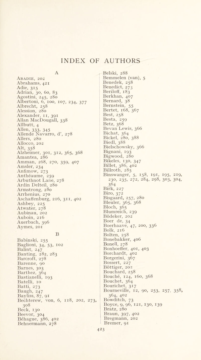 INDEX OF AUTHORS A ABADIE, 202 Abrahams, 421 Adie, 315 Adrian, 30, 60, 83 Agostini, 245, 280 Albertoni, 6, 100, 107, 234, 377 Albrecht, 258 Alession, 280 Alexander, 11, 391 Allan MacDougall, 338 Allbutt, 4 Allen, 333, 345 Allende Navarro, d\ 278 Allers, 280 Allocco, 202 Alt, 358 Alzheimer, 301, 312, 365, 368 Amantea, 286 Amman, 268, 270, 359, 407 Amsler, 234 Anfimow, 273 Antheaume, 259 Arbuthnot Lane, 278 Ardin Delteil, 280 Armstrong, 280 Arrhenius, 270 Aschaffenburg, 216, 311, 402 Ashbey, 225 Atwater, 278 Aubinau, 202 Auboin, 216 Auerbach, 396 Aymes, 201 B Babinski, 255 Baglioni, 34, 53, 102 Balint, 247 Banting, 282, 283 Barcroft, 278 Barenne, 90 Barnes, 303 Barthez, 364 Bastianelli, 193 Batelli, 10 Batti, 273 Baugh, 247 Bayliss, 87, 91 Bechterew, von, 6, 118, 202, 273, 308 Beck, 130 Beevor, 304 Behague, 386, 402 Behnermann, 278 1 Belski, 288 Bemmelen (van), 5 Benedek, 258 Benedict, 273 Beriloff, 183 Berkhan, 407 Bernard, 38 ; Bernstein, 55 Bertet, 168, 367 Best, 258 Besta, 259 Betz, 368 Bevan Lewis, 366 Bichat, 364 Bickel, 280, 388 Biedl, 388 Bielschowsky, 366 Bignani, 193 Bigwood, 280 Bikeles, 130, 347 Billet, 386, 402 Billroth, 285 Binswanger, 5, 158, 191, 195, 219, 230, 235, 272, 284, 298, 303, 304, 364 Birk, 227 Biro, 372 Bisgaard, 257, 280 Bleuler, 365, 368 Bloch, 365 Blumreich, 239 Bodeker, 202 Boer de, 34 Boerhaave, 47, 200, 336 Bolk, 216 Bolten, 258 Bonebakker, 406 Bonell, 278 Bonhoeffer, 401, 403 Borchardt, 402 Borgerini, 367 Bossert, 227 Bottiger, 202 Bouchard, 258 Bouche, 124, 160, 368 Bouchet, 364 Bourichet, 317 Bourneville, 12, 90, 253, 257, 358, 364, 402 Bowditch, 73 I Boyce, 9, 96, 121, 130, 139 | Bratz, 280 Braun, 397, 402 Bregmann, 202 Bremer, 91