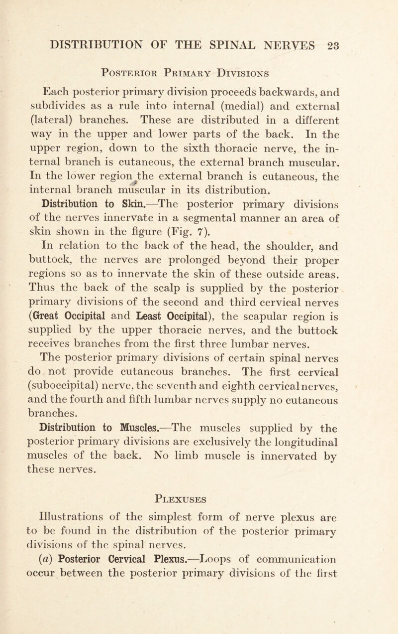 Posterior Primary Divisions Each posterior primary division proceeds backwards, and subdivides as a rule into internal (medial) and external (lateral) branches. These are distributed in a different way in the upper and lower parts of the back. In the upper region, down to the sixth thoracic nerve, the in¬ ternal branch is cutaneous, the external branch muscular. In the lower region the external branch is cutaneous, the internal branch muscular in its distribution. Distribution to Skin.—The posterior primary divisions of the nerves innervate in a segmental manner an area of skin shown in the figure (Fig. 7). In relation to the back of the head, the shoulder, and buttock, the nerves are prolonged beyond their proper regions so as to innervate the skin of these outside areas. Thus the back of the scalp is supplied by the posterior primary divisions of the second and third cervical nerves (Great Occipital and Least Occipital), the scapular region is supplied by the upper thoracic nerves, and the buttock receives branches from the first three lumbar nerves. The posterior primary divisions of certain spinal nerves do not provide cutaneous branches. The first cervical (suboccipital) nerve, the seventh and eighth cervical nerves, and the fourth and fifth lumbar nerves supply no cutaneous branches. Distribution to Muscles.—The muscles supplied by the posterior primary divisions are exclusively the longitudinal muscles of the back. No limb muscle is innervated by these nerves. Plexuses Illustrations of the simplest form of nerve plexus are to be found in the distribution of the posterior primary divisions of the spinal nerves. (a) Posterior Cervical Plexus.—Loops of communication occur between the posterior primary divisions of the first