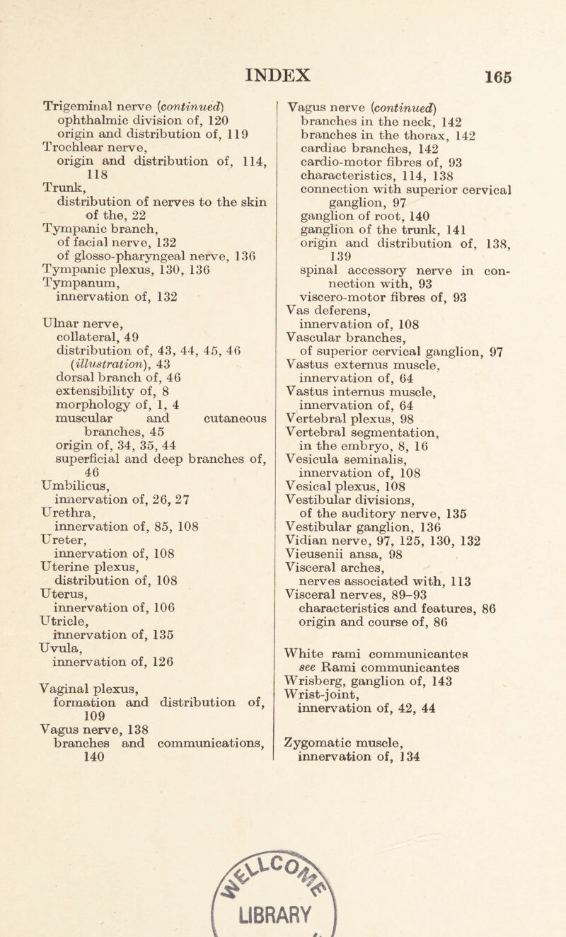 Trigeminal nerve {continued) ophthalmic division of, 120 origin and distribution of, 119 Trochlear nerve, origin and distribution of, 114, 118 Trunk, distribution of nerves to the skin of the, 22 Tympanic branch, of facial nerve, 132 of glosso-pharyngeal nerve, 136 Tympanic plexus, 130, 136 Tympanum, innervation of, 132 Ulnar nerve, collateral, 49 distribution of, 43, 44, 45, 46 {illustration), 43 dorsal branch of, 46 extensibility of, 8 morphology of, 1, 4 muscular and cutaneous branches, 45 origin of, 34, 35, 44 superficial and deep branches of, 46 Umbilicus, innervation of, 26, 27 Urethra, innervation of, 85, 108 Ureter, innervation of, 108 Uterine plexus, distribution of, 108 Uterus, innervation of, 106 Utricle, innervation of, 135 Uvula, innervation of, 126 Vaginal plexus, formation and distribution of, 109 Vagus nerve, 138 branches and communications, 140 Vagus nerve {continued) branches in the neck, 142 branches in the thorax, 142 cardiac branches, 142 cardio-motor fibres of, 93 characteristics, 114, 138 connection with superior cervical ganglion, 97 ganglion of root, 140 ganglion of the trunk, 141 origin and distribution of, 138, 139 spinal accessory nerve in con¬ nection with, 93 viscero-motor fibres of, 93 Vas deferens, innervation of, 108 Vascular branches, of superior cervical ganglion, 97 Vastus externus muscle, innervation of, 64 Vastus internus muscle, innervation of, 64 Vertebral plexus, 98 Vertebral segmentation, in the embryo, 8, 16 Vesicula seminalis, innervation of, 108 Vesical plexus, 108 Vestibular divisions, of the auditory nerve, 135 Vestibular ganglion, 136 Vidian nerve, 97, 125, 130, 132 Vieusenii ansa, 98 Visceral arches, nerves associated with, 113 Visceral nerves, 89-93 characteristics and features, 86 origin and course of, 86 White rami communicantes see Rami communicantes Wrisberg, ganglion of, 143 Wrist-joint, innervation of, 42, 44 Zygomatic muscle, innervation of, 134 so LIBRARY