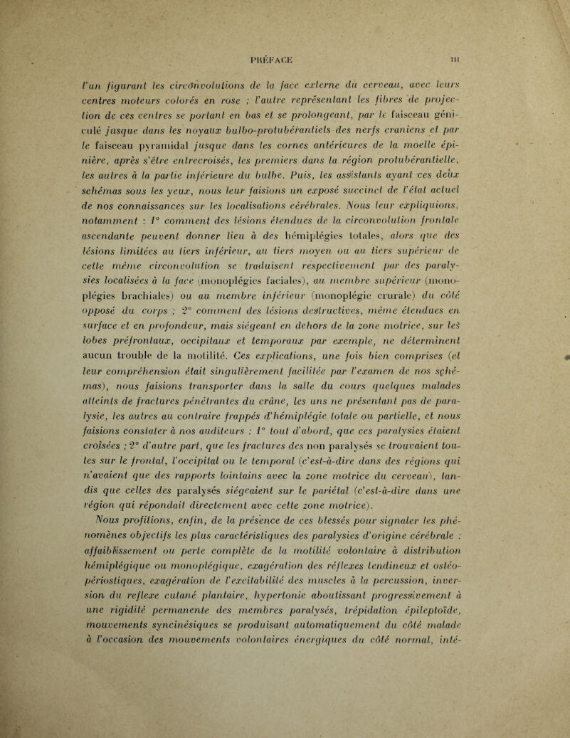 l’un figurant les circonvolutions de la face externe du cerveau, avec leurs centres moteurs colorés en rose ; l’autre représentant les fibres de projec¬ tion de ces centres se portant en bas et se prolongeant, par le faisceau géni- culé jusque dans les noyaux bulbo-protubérantiels des nerfs crâniens et par le faisceau pyramidal jusque dans les cornes antérieures de la moelle épi¬ nière, après s’être entrecroisés, les premiers dans la région protubérantielle, les autres à la partie inférieure du bulbe. Puis, les assistants ayant ces deux schémas sous les yeux, nous leur faisions un exposé succinct de l’état actuel de nos connaissances sur les localisations cérébrales. Nous leur expliquions, notamment : 1° comment des lésions étendues de la circonvolution frontale ascendante peuvent donner lieu à des hémiplégies totales, alors que des lésions limitées au tiers inférieur, au tiers moyen ou au tiers supérieur de celte même circonvolution se traduisent respectivement par des paraly¬ sies localisées à la face (monoplégies faciales), au membre supérieur (mono¬ plégies brachiales) ou au membre inférieur (monoplégie crurale) du côté opposé du corps ; 2° comment des lésions destructives, même étendues en surface et en profondeur, mais siégeant en dehors de la zone motrice, sur leè lobes préfrontaux, occipitaux et temporaux par exemple, ne déterminent aucun trouble de la motilité. Ces explications, une fois bien comprises (et leur compréhension était singulièrement facilitée par l’examen de nos sçhé- mas), nous faisions transporter dans la salle du cours quelques malades atteints de fractures pénétrantes du crâne, les uns ne présentant pas de para¬ lysie, les autres au contraire frappés d’hémiplégie totale ou partielle, et nous faisioîis constater à nos auditeurs : 1° tout d’abord, que ces paralysies étaient croisées ;2° d’autre part, que les fractures des non paralysés se trouvaient tou¬ tes sur le frontal, l’occipital ou le temporal (c’est-à-dire dans des régions qui n’avaient que des rapports lointains avec la zone motrice du cerveau), tan¬ dis que celles des paralysés siégeaient sur le pariétal (c’est-à-dire dans une région qui répondait directement avec cette zone motrice). Nous profitions, enfin, de la présence de ces blessés pour signaler les phé¬ nomènes objectifs les plus caractéristiques des paralysies d’origine cérébrale : affaiblissement ou perte complète de la motilité volontaire à distribution hémiplégique ou monoplégique, exagéra lion des réflexes tendineux et ostéo- périostiques, exagération de /.’excitabilité des muscles à la percussion, inver¬ sion du reflexe cutané plantaire, hypertonie aboutissant progressivement à une rigidité permanente des membres paralysés, trépidation épileptoïde, mouvements syncinésiques se produisant automatiquement du côté malade, à l’occasion des mouvements volontaires énergiques du côté normal, inté-