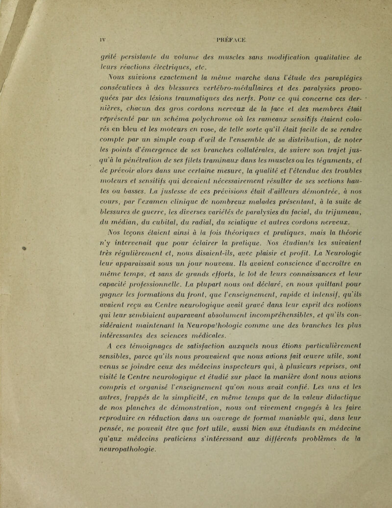 giîilé persistante du volume des muscles sans modification qualitative de leurs réactions électriques, etc. Nous suivions exactement la même marche dans l’étude des paraplégies consécutives à des blessures vertébro-médullaires et des paralysies provo¬ quées par des lésions traumatiques des nerfs. Pour ce qui concerne ces der¬ nières, chacun des gros cordons nerveux de la face et des membres était représenté par un schéma polychrome où les rameaux sensitifs étaient colo¬ rés en bleu et les moteurs en rose, de telle sorte qu’il était facile de se rendre compte par un simple coup d’œil de l’ensemble de sa distribution, de noter les points d’émergence de ses branches collatérales, de suivre son trajet jus¬ qu’à la pénétration de ses filets traminaux dans les muscles ou les téguments, et de prévoir alors dans une certaine mesure, la qualité et l’étendue des troubles moteurs et sensitifs qui devaient nécessairement résulter de ses sections hau¬ tes ou basses. La justesse de ces prévisions était d’ailleurs démontrée, à nos cours, par l’examen clinique de nombreux malades présentant, à la suite de blessures de guerre, les diverses variétés de paralysies du facial, du trijumeau, du médian, du cubital, du radial, du sciatique et autres cordons nerveux. Nos leçons étaient ainsi à la fois théoriques et pratiques, mais la théorie n’y intervenait que pour éclairer la pratique. Nos étudiants les suivaient très régulièrement et, nous disaient-ils, avec plaisir et profit. La Neurologie leur apparaissait sous un jour nouveau. Ils avaient conscience d’accroître en même temps, et sans de grands efforts, le lot de leurs connaissances et leur capacité professionnelle. La plupart nous ont déclaré, en nous quittant pour gagner les formations du front, que renseignement, rapide et intensif, qu'ils avaient reçu au Centre neurologique avait gravé dans leur esprit des notions qui leur semblaient auparavant absolument incompréhensibles, et qu'ils con¬ sidéraient maintenant ta Neuropathologie comme une des branches les plus intéressantes des sciences médicales. A ces témoignages de satisfaction auxquels nous étions particulièrement sensibles, parce qu’ils nous prouvaient que nous adions fait œuvre utile, sont venus se joindre ceux des médecins inspecteurs qui, à plusieurs reprises, ont visité le Centre neurologique et étudié sur place la manière dont nous aviotis compris et organisé renseignement qu’on nous avait confié. Les uns et les autres, frappés de la simplicité, en même temps que de la valeur didactique de nos planches de démonstration, nous ont vivement engagés à les faire reproduire en réduction dans un ouvrage de format maniable qui, dans leur pensée, ne pouvait être que fort utile, aussi bien aux étudiants en médecine qu’aux médecins praticiens s’intéressant aux différents problèmes de la neuropathologie.