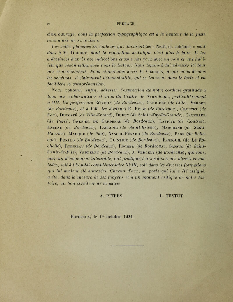 d’un ouvrage, dont la perfection typographique est à la hauteur de la juste renommée de sa maison. Les belles planches en couleurs qui illustrent les « Nerfs en schémas » sont dues à M. Dupret, dont la réputation artistique n’est plus à faire. Il les a dessinées d’après nos indications et sous nos yeux avec un soin et une habi¬ leté que reconnaîtra avec nous le lecteur. Nous lenoits à lui adresser ici tous nos remerciements. Nous remercions aussi M. Oberlin, à qui nous devons les schémas, si clairement démonstratifs, qui se trouvent dans le texte et en facilitent la compréhension. Nous voulons, enfin, adresser l’expression de notre cordiale gratitude à tous nos collaborateurs et amis du Centre de Neurologie, particulièrement à MM. les professeurs Bégotjjn (de Bordeaux), Carrière (de Lille), Verger (de Bordeaux), et à MM. les docteurs E. Bitot (de Bordeaux), Crouzet (de Pau), Ducosté (de Ville-Evrard), Dupuy (de Sainte-Foy-la-Grande), Gauckler (de Paris), Grenier de Cardenal (de Bordeaux), Laffite (de Coutras), Labeau (de Bordeaux), Laplume (de Saint-Brieuc)., Marchand (de Saint- Maurice), Marque (de Pau), Nancel-Pénard (de Bordeaux), Page (de Belle- vue), Penaud (de Bordeaux), Quintrie (de Bordeaux), Bastouiu (de La Ro¬ chelle), Bobineau (de Bordeaux), Bociier (de Bordeaux), Sansuc (de Saint- Denis-de-Pile), Verdelet (de Bordeaux), J. Vergely (de Bordeaux), qui tous, avec un dévouement inlassable, ont prodigué leurs soins à nos blessés et ma¬ lades, soit à l’hôpital complémentaire XVIII, soit dans les diverses formations qui lui avaient été annexées. Chacun d’eux, au poste qui lui a été assigné, a été, dans la mesure de ses moyens el à un moment critique, de notre his¬ toire, un bon serviteur de la pairie. A. PITBES E. TEST!JT Bordeaux, le Ie1' octobre 1924.