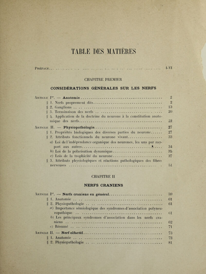 Préface... .. I-VI CHAPITRE PREMIER CONSIDÉRATIONS GÉNÉRALES SUR LES NERFS Article Ier. — Anatomie. 2 § J. Nerfs proprement dits. 2 § 2. Ganglions.- 13 S 3. Terminaison des nerfs . .... 20 § L\. Application de la doctrine du neurone à la constitution anato¬ mique des nerfs. 22 Article II. — Physiopathologie. 27 § 1. Propriétés biologiques des diverses parties du neurone. 27 § 2. Attributs fonctionnels du neurone vivant. 33 ai) Loi de l’indépendance organique des neurones, les uns par rap¬ port aux autres..*. 34 b) Loi de la polarisation dynamique. 35 g) Lois de la trophicité du neurone. 37 § 3. Attributs physiologiques et réactions pathologiques des fibres nerveuses . 51 CHAPITRE II NERFS CRANIENS Article Iur. — Nerfs crâniens en général. 59 § 1. Anatomie . 61 § 2. Physiopathologie . 61 a) Importance sémiologique des syndromes d’association polyneu- ropatliique . 61 b) Les principaux syndromes d’association dans les nerfs crâ¬ niens . 62 c) Résumé . 71 Article IL — Nerf olfactif... .. 73 § 1. Anatomie . 73 § 2. Physiopathologie . 81