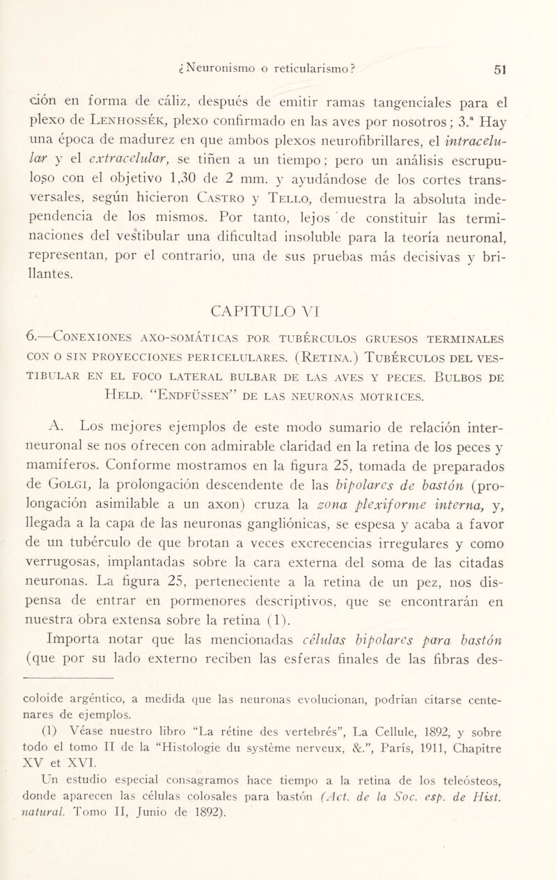 ción en forma de cáliz, después de emitir ramas tangenciales para el plexo de Lenhosséic, plexo confirmado en las aves por nosotros; 3.a Hay una época de madurez en que ambos plexos neurofibrillares, el intrac elu- lar y el extracelular, se tiñen a un tiempo; pero un análisis escrupu¬ loso con el objetivo 1,30 de 2 mm. y ayudándose de los cortes trans¬ versales, según hicieron Castro y Tello, demuestra la absoluta inde¬ pendencia de los mismos. Por tanto, lejos de constituir las termi¬ naciones del vestibular una dificultad insoluble para la teoría neuronal, representan, por el contrario, una de sus pruebas más decisivas y bri¬ llantes. CAPITULO VI ó.—Conexiones axo-somáticas por tubérculos gruesos terminales CON O SIN PROYECCIONES PERICELULARES. (RETINA.) TUBERCULOS DEL VES¬ TIBULAR EN EL FOCO LATERAL BULBAR DE LAS AVES Y PECES. BULBOS DE Held. “Endfüssen” DE LAS NEURONAS MOTRICES. A. Los mejores ejemplos de este modo sumario de relación inter- neuronal se nos ofrecen con admirable claridad en la retina de los peces y mamíferos. Conforme mostramos en la figura 25, tomada de preparados de Golgi, la prolongación descendente de las bipolares de bastón (pro¬ longación asimilable a un axon) cruza la zona plexiforme interna, y, llegada a la capa de las neuronas gangliónicas, se espesa y acaba a favor de un tubérculo de que brotan a veces excrecencias irregulares y como verrugosas, implantadas sobre la cara externa del soma de las citadas neuronas. La figura 25, perteneciente a la retina de un pez, nos dis¬ pensa de entrar en pormenores descriptivos, que se encontrarán en nuestra obra extensa sobre la retina (1). Importa notar que las mencionadas celidas bipolares para bastón (que por su lado externo reciben las esferas finales de las fibras des¬ coloide argéntico, a medida que las neuronas evolucionan, podrían citarse cente¬ nares de ejemplos. (1) Véase nuestro libro “La rétine des vertebrés”, La Cellule, 1892, y sobre todo el tomo II de la “Histologie du systéme nerveux, París, 1911, Chapitre XV et XVI. Un estudio especial consagramos hace tiempo a la retina de los teleósteos, donde aparecen las células colosales para bastón (Act. de la Soc. esp. de Hist. natural. Tomo II, Junio de 1892).