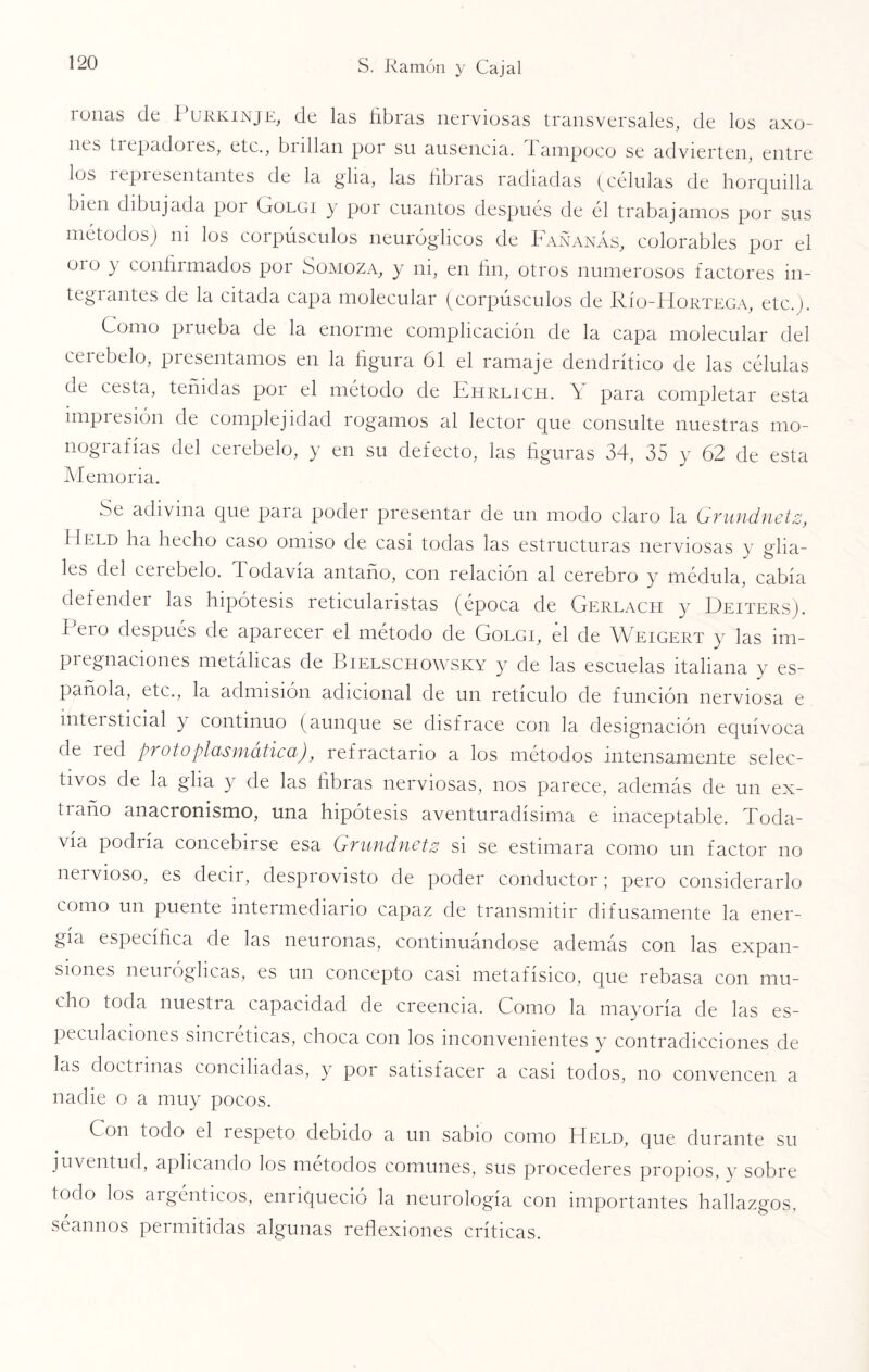 roñas de Purkinje, de las libras nerviosas transversales, de los axo- nts trepadores, ete., bullan por su ausencia. Tampoco se advierten, entre los iepiescoltantes de la glia, las libras radiadas (células de horquilla bmi dibujada poi Golgi y por cuantos después de él trabajamos por sus métodos) ni los corpúsculos neuróglicos de Fañanás, coloradles por el oro y confirmados por Somoza, y ni, en fin, otros numerosos factores in¬ tegrantes de la citada capa molecular (corpúsculos de Río-Hortega, etc.). Como prueba de la enorme complicación de la capa molecular del cerebelo, piesentamos en la figura 61 el ramaje dendrítico de las células de cesta, teñidas por el método de Ehrlích. \ para completar esta impresión de complejidad rogamos al lector que consulte nuestras mo¬ nografías del cerebelo, y en su defecto, las figuras 34, 35 y 62 de esta Memoria. Se adivina que para poder presentar de un modo claro la Grundnetz, 11 cld ha hecho caso omiso de casi todas las estructuras nerviosas y glia- les del ceiebelo. Todavía antaño, con relación al cerebro y médula, cabía defender las hipótesis reticularistas (época de Gerlach y Deiters). i eio después de aparecer el método de Golgi, el de Weigert y las im¬ pregnaciones metálicas de Bielschowsky y de las escuelas italiana y es¬ pañola, etc., la admisión adicional de un retículo de función nerviosa e intersticial y continuo (aunque se disfrace con la designación equívoca de red pt oto plasmática), refractario a los métodos intensamente selec¬ tivos de la glia y de las fibras nerviosas, nos parece, además de un ex¬ traño anacronismo, una hipótesis aventuradísima e inaceptable. Toda¬ vía podría concebirse esa Grundnetz si se estimara como un factor no nervioso, es decir, desprovisto de poder conductor; pero considerarlo como un puente intermediario capaz de transmitir difusamente la ener¬ gía especifica de las neuronas, continuándose además con las expan¬ siones neuróglicas, es un concepto casi metaíísico, que rebasa con mu¬ cho toda nuestra capacidad de creencia. Como la mayoría de las es¬ peculaciones sincréticas, choca con los inconvenientes y contradicciones de las doctr mas concilladas, y por satisfacer a casi todos, no convencen a nadie o a muy pocos. Con todo el respeto debido a un sabio como Held, que durante su juventud, aplicando los métodos comunes, sus procederes propios, y sobre todo los argénticos, enriqueció la neurología con importantes hallazgos, seannos permitidas algunas reflexiones críticas.