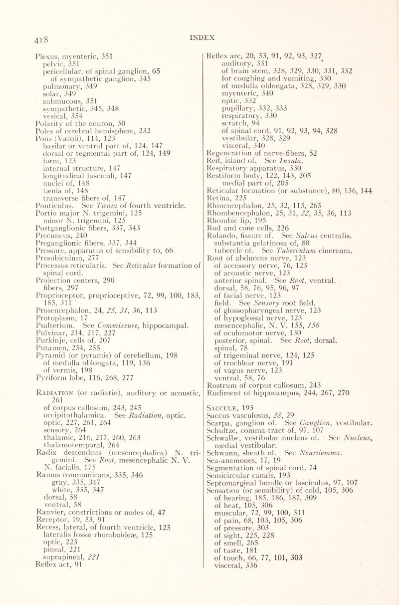 Plexus, myenteric, 351 pelvic, 351 pericellular, of spinal ganglion, 65 of sympathetic ganglion, 345 pulmonary, 349 solar, 349 submucous, 351 sympathetic, 345, 348 vesical, 354 Polarity of the neuron, 50 Poles of cerebral hemisphere, 232 Pons (Varoli), 114, 123 basilar or ventral part of, 124, 147 dorsal or tegmental part of, 124, 149 form, 123 internal structure, 147 longitudinal fasciculi, 147 nuclei of, 148 taenia of, 148 transverse fibers of, 147 Ponticulus. See Taenia of fourth ventricle. Portio major N. trigemini, 125 minor N. trigemini, 125 Postganglionic fibers, 337, 343 Precuneus, 240 Preganglionic fibers, 337, 344 Pressure, apparatus of sensibility to, 66 Presubiculum, 277 Processus reticularis. See Reticular formation of spinal cord. Projection centers, 290 fibers, 297 Proprioceptor, proprioceptive, 72, 99, 100, 183, 185, 311 Prosencephalon, 24, 25, 31, 36, 113 Protoplasm, 17 Psalterium. See Commissure, hippocampal. Pulvinar, 214, 217, 227 Purkinje, cells of, 207 Putamen, 254, 255 Pyramid (or pyramis) of cerebellum, 198 of medulla oblongata, 119, 136 of vermis, 198 Pyriform lobe, 116, 268, 277 Radiation (or radiatio), auditory or acoustic, 261 of corpus callosum, 243, 245 occipitothalamica. See Radiation, optic, optic, 227, 261, 264 sensory, 264 thalamic, 216, 217, 260, 263 thalamotemporal, 264 Radix descendens (mesencephalica) N. tri¬ gemini. See Root, mesencephalic N. V. N. facialis, 175 Ramus communicans, 335, 346 gray, 335, 347 white, 335, 347 dorsal, 58 ventral, 58 Ranvier, constrictions or nodes of, 47 Receptor, 19, 53, 91 Recess, lateral, of fourth ventricle, 125 lateralis fossae rhomboideae, 125 optic, 223 pineal, 221 suprapineal, 221 Reflex act, 91 Reflex arc, 20, 53, 91, 92, 93, 327 auditory, 331 of brain stem, 328, 329, 330, 331, 332 for coughing and vomiting, 330 of medulla oblongata, 328, 329, 330 myenteric, 340 optic, 332 pupillary, 332, 333 respiratory, 330 scratch, 94 of spinal cord, 91, 92, 93, 94, 328 vestibular, 328, 329 visceral, 340 Regeneration of nerve-fibers, 52 Reil, island of. See Insula. Respiratory apparatus, 330 Restiform body, 122, 143, 205 medial part of, 205 Reticular formation (or substance), 80, 136, 144 Retina, 225 Rhinencephalon, 25, 32, 115, 265 Rhombencephalon, 25, 31, 32, 35, 36, 113 Rhombic lip, 195 Rod and cone cells, 226 Rolando, fissure of. See Sulcus centralis, substantia gelatinosa of, 80 tubercle of. See Tuberculum cinereum. Root of abducens nerve, 123 of accessory nerve, 76, 123 of acoustic nerve, 123 anterior spinal. See Root, ventral, dorsal, 58, 76, 95, 96, 97 of facial nerve, 123 field. See Sensory root field, of glossopharyngeal nerve, 123 of hypoglossal nerve, 123 mesencephalic, N. V. 155, 156 of oculomotor nerve, 130 posterior, spinal. See Root, dorsal, spinal, 78 of trigeminal nerve, 124, 125 of trochlear nerve, 191 of vagus nerve, 123 ventral, 58, 76 Rostrum of corpus callosum, 243 Rudiment of hippocampus, 244, 267, 270 Saccule, 193 Saccus vasculosus, 28, 29 Scarpa, ganglion of. See Ganglion, vestibular* Schultze, comma-tract of, 97, 107 Schwalbe, vestibular nucleus of. See Nucleus„ medial vestibular. Schwann, sheath of. See Neurilemma. Sea-anemones, 17, 19 Segmentation of spinal cord, 74 Semicircular canals, 193 Septomarginal bundle or fasciculus, 97, 107 Sensation (or sensibility) of cold, 105, 306 of hearing, 185, 186, 187, 309 of heat, 105, 306 muscular, 72, 99, 100, 311 of pain, 68, 103, 105, 306 of pressure, 303 of sight, 225, 228 of smell, 265 of taste, 181 of touch, 66, 77, 101, 303 visceral, 336